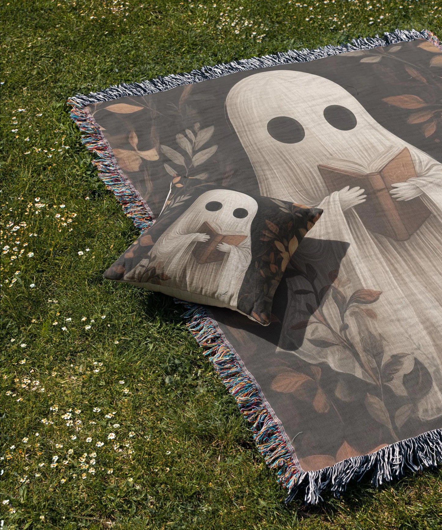 Cute Ghost Blanket – Cozy Fall Throw with Reading Ghost Decor | Cotton Fabric, Fringed Edge