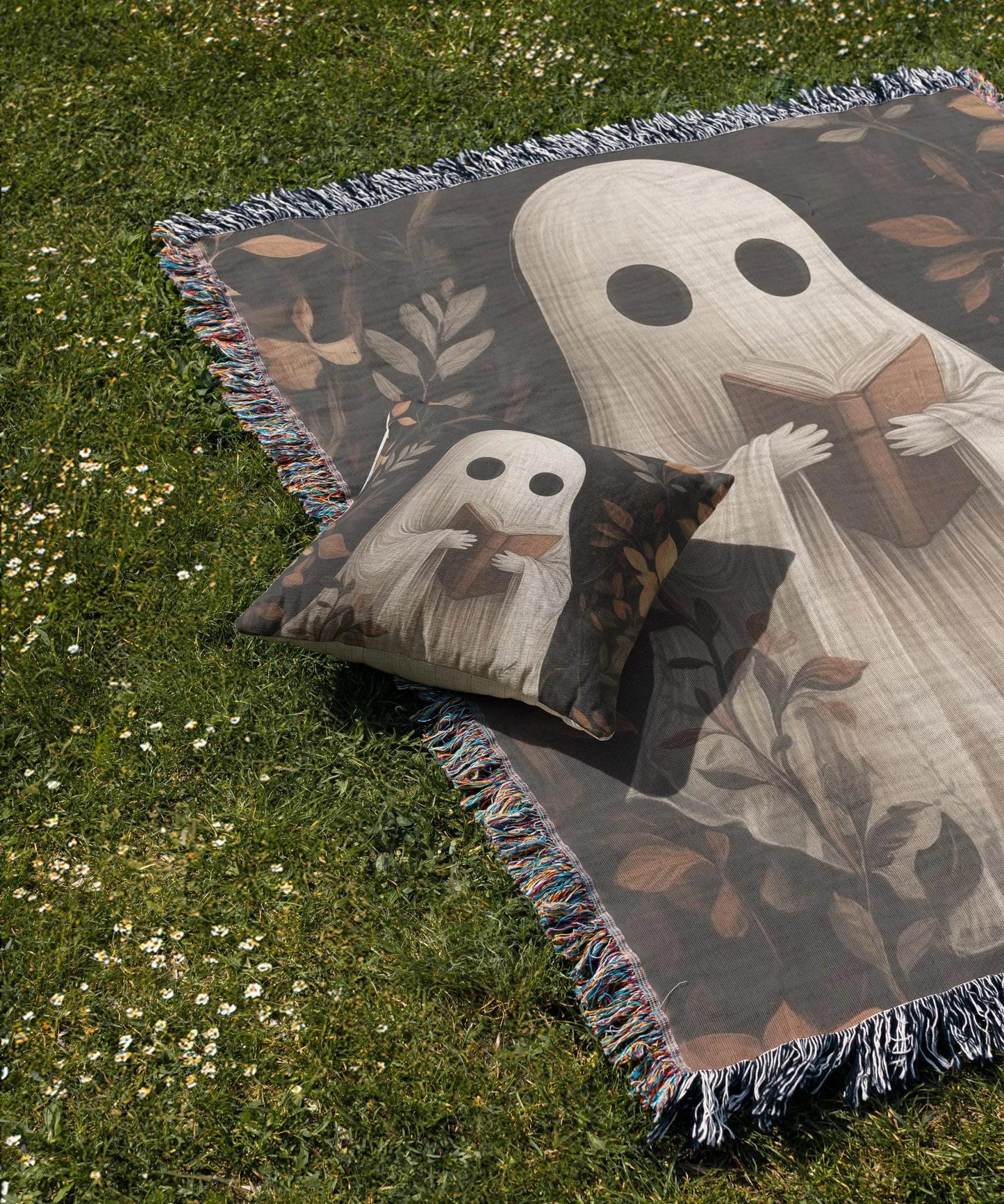 Cute Ghost Blanket – Cozy Fall Throw with Reading Ghost Decor | Cotton Fabric, Fringed Edge - timelessbohochic.com