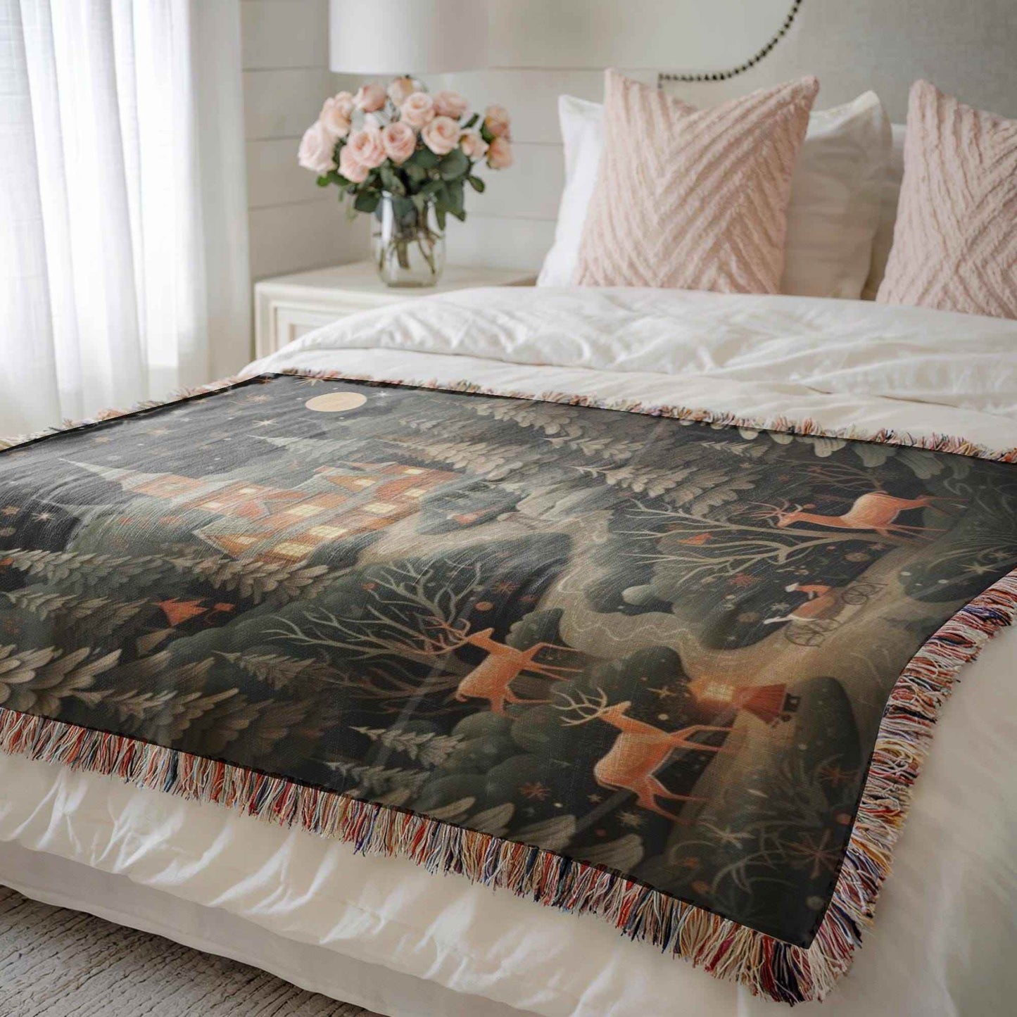 Christmas Bedroom Blanket - Festive Winter Throw with Reindeer & Trees | Soft Cotton Woven - timelessbohochic.com