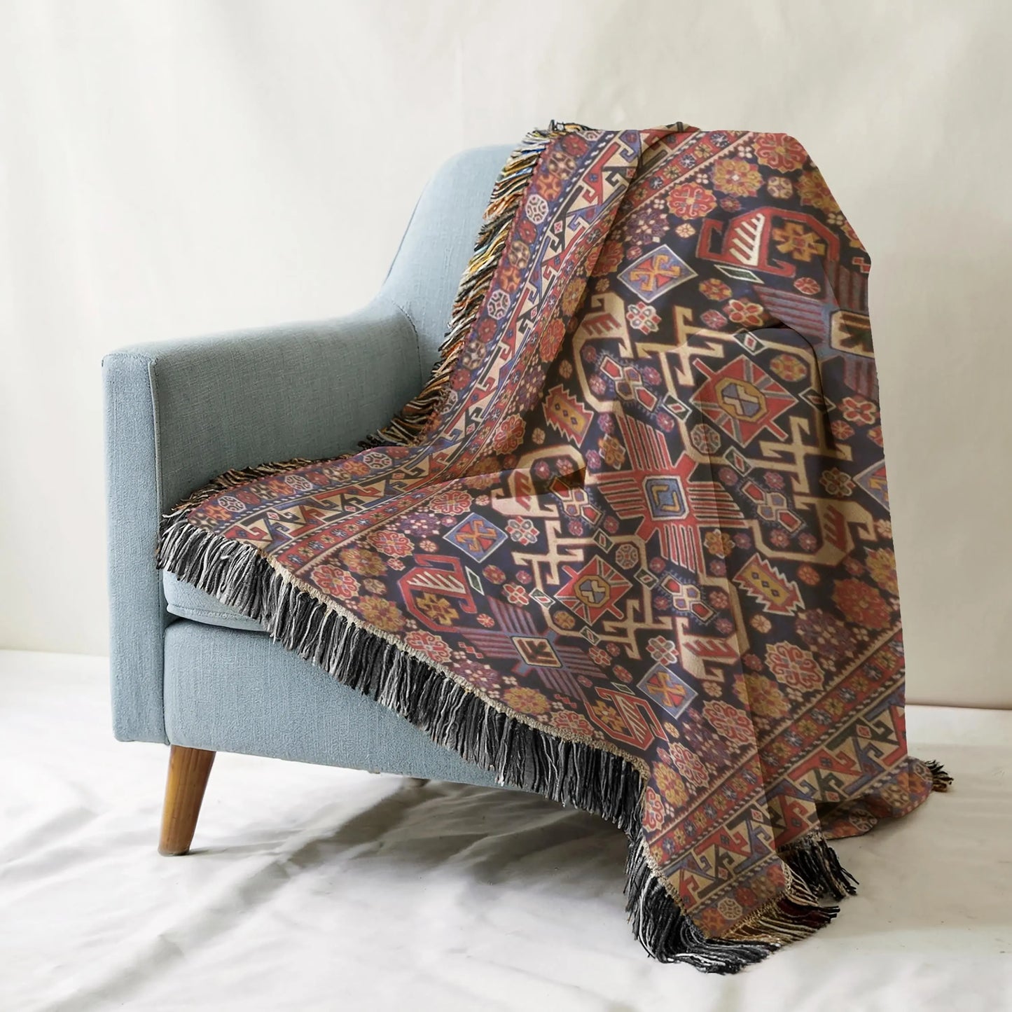 Woven Wall Hanging - Turkish Rug Tapestry With Colorful Fringed Cotton Textile