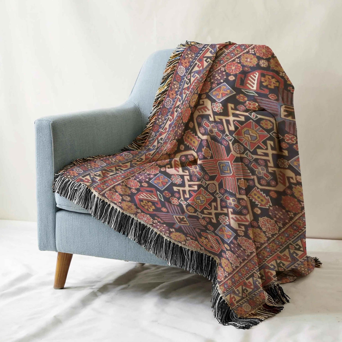 Woven Tapestry Throw - Turkish Rug Wall Hanging with Colorful Fringed Cotton Textile - timelessbohochic.com