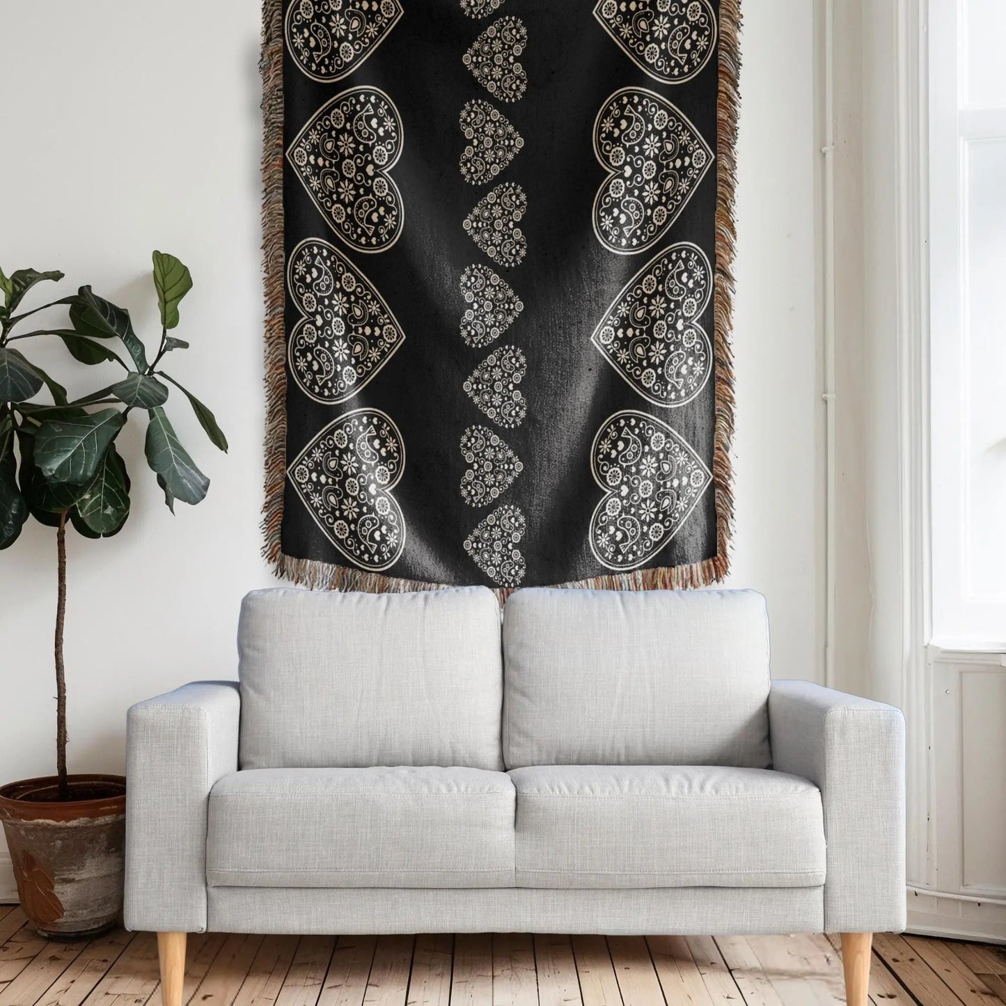 Cotton Woven Blanket – Scandinavian Throw With Scandi Hearts Pattern & Fringed Edges