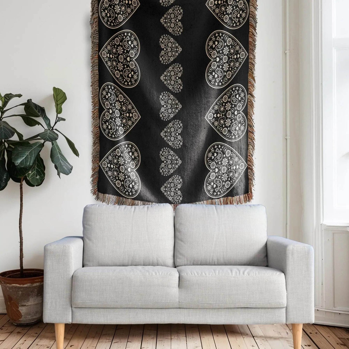 Cotton Woven Blanket – Scandinavian Throw With Scandi Hearts Pattern & Fringed Edges - timelessbohochic.com
