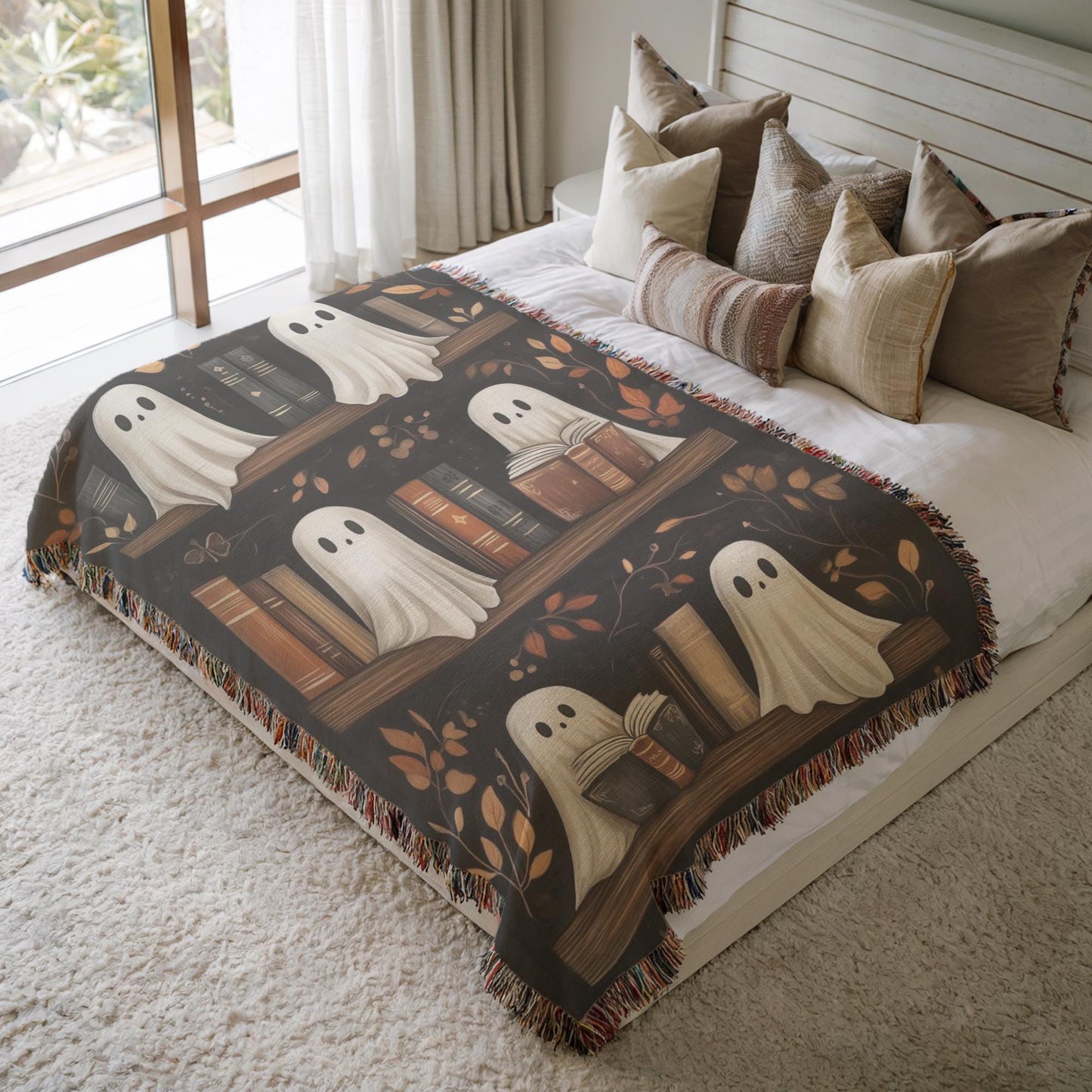 Ghost Blanket Woven Throw – Cozy Cotton Halloween Bedding with Colorful Fringed Edges