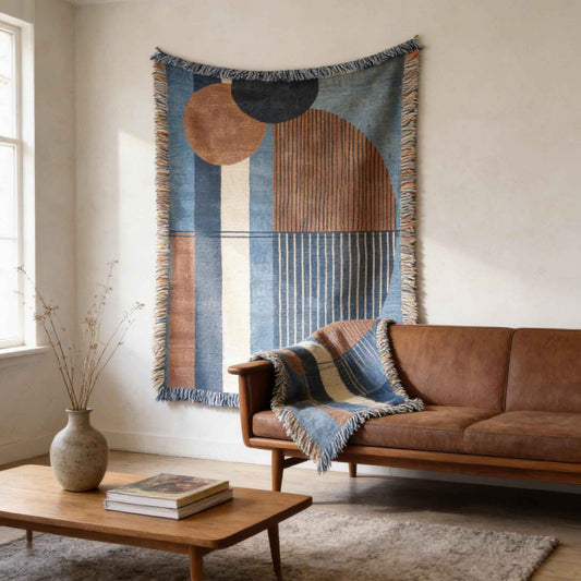 Modern Geometric woven wall tapestry with geometric pattern styled as textile wall decor