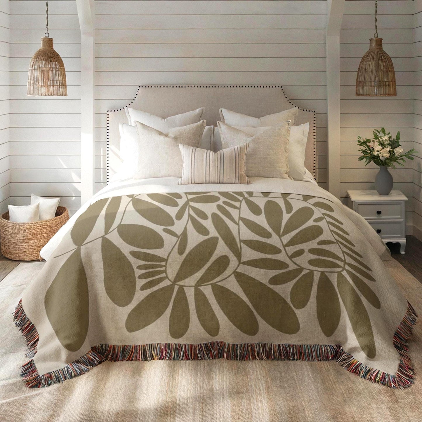 Woven Bedroom Blanket - Mid Century Modern Throw With Scandi Leaves Pattern | Cozy Home Decor