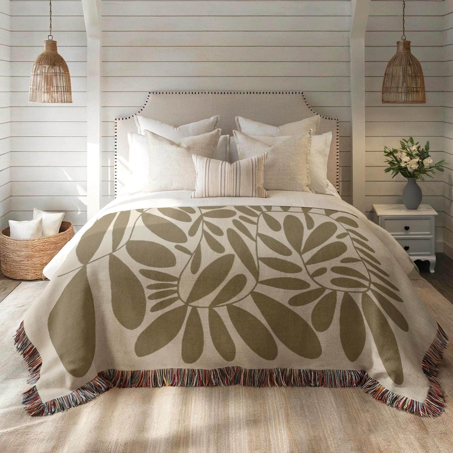 Woven Bedroom Blanket - Mid Century Modern Throw With Scandi Leaves Pattern | Cozy Home Decor - timelessbohochic.com