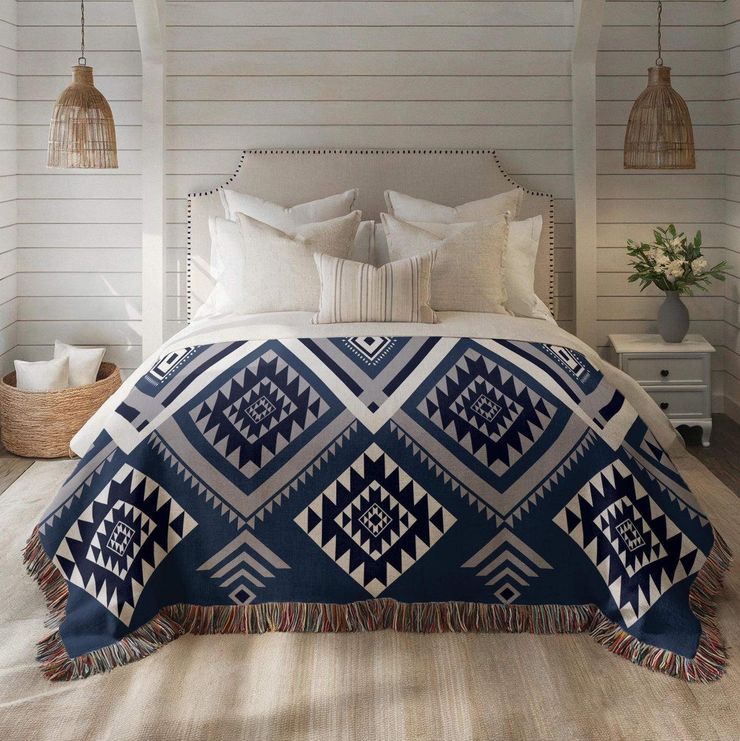 Woven Aztec Blanket - Soft Cotton Throw With Tribal Geometric Design & Colorful Fringe