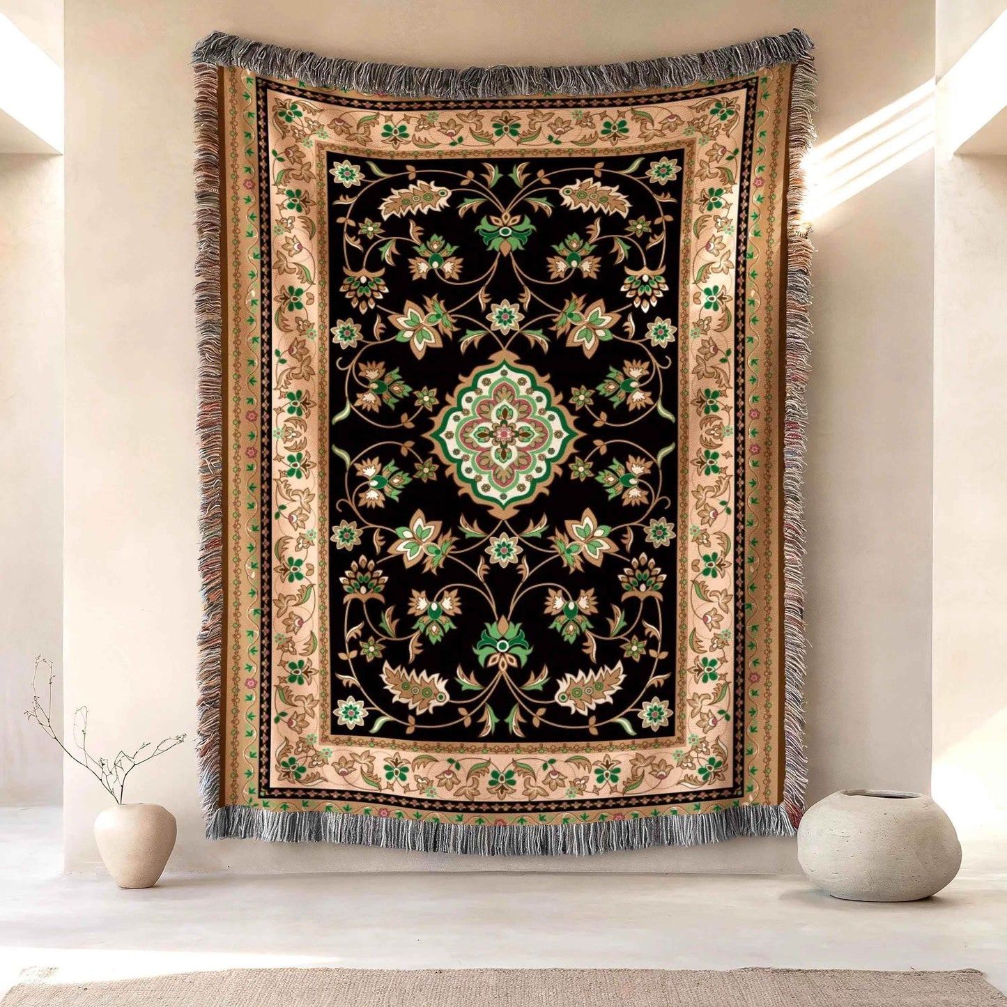 Middle East Woven Blanket – Cozy Kilim Cotton Throw with Fringed Edges - timelessbohochic.com