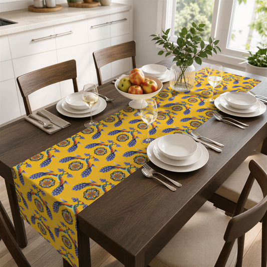 Yellow Armenian bird table runner on a dining table with wooden chairs and a bowl of fruit