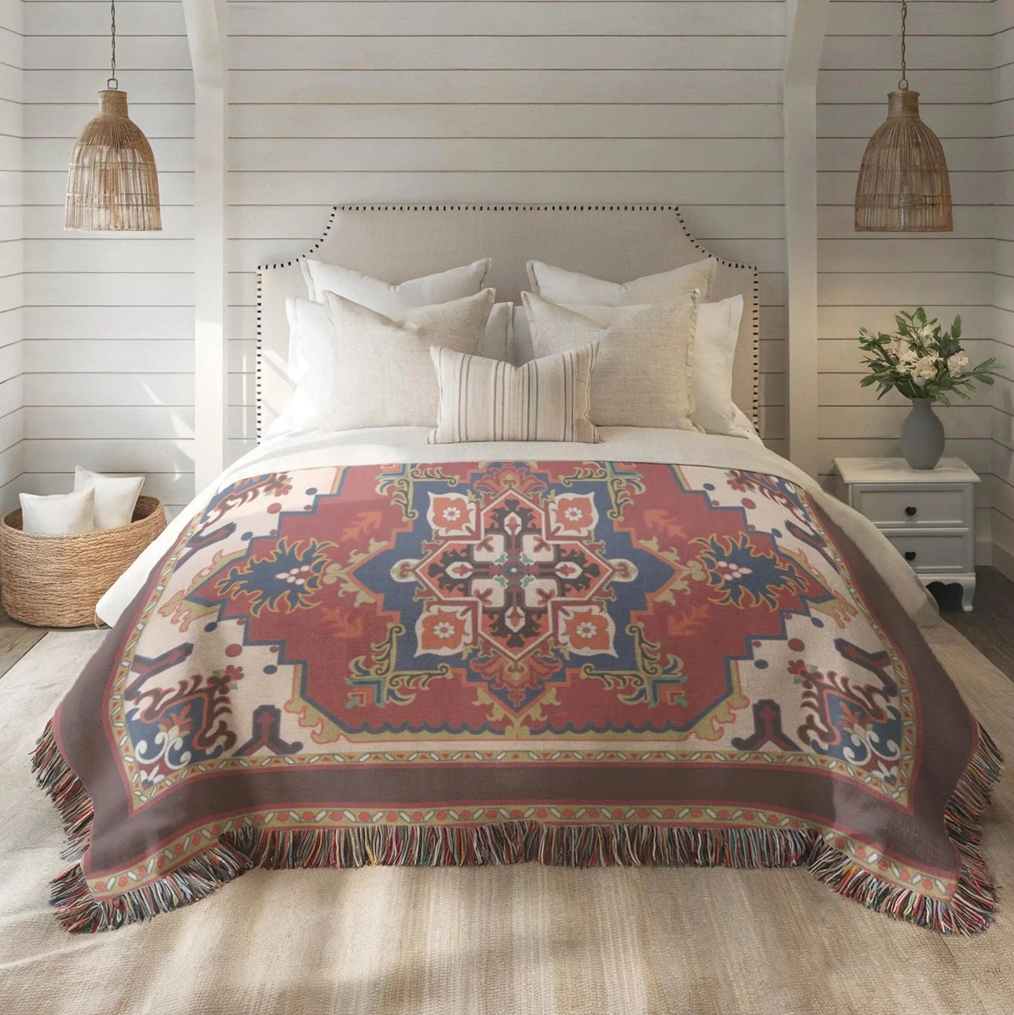 Woven Blanket - Persian Rug Throw With Fringed Edge | Soft Cotton Fabric Durable Cover