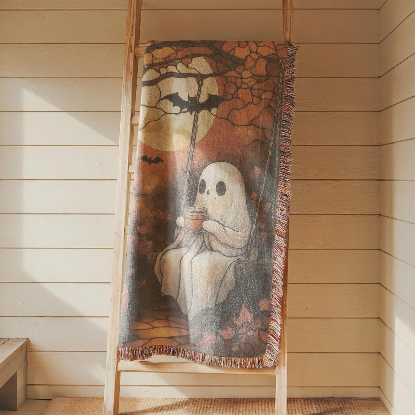 Halloween Ghost Tapestry - Woven Cotton Pumpkin Wall Hanging | Cozy Autumn Decor