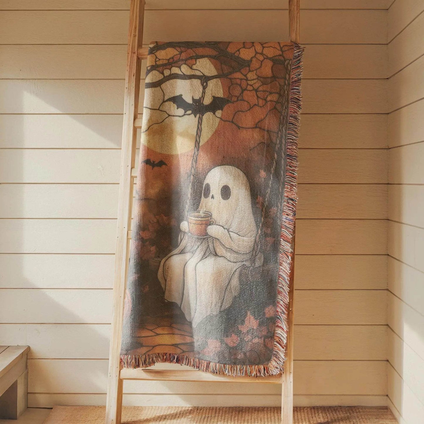 Halloween Ghost Tapestry - Woven Cotton Pumpkin Wall Hanging | Cozy Autumn Decor - timelessbohochic.com