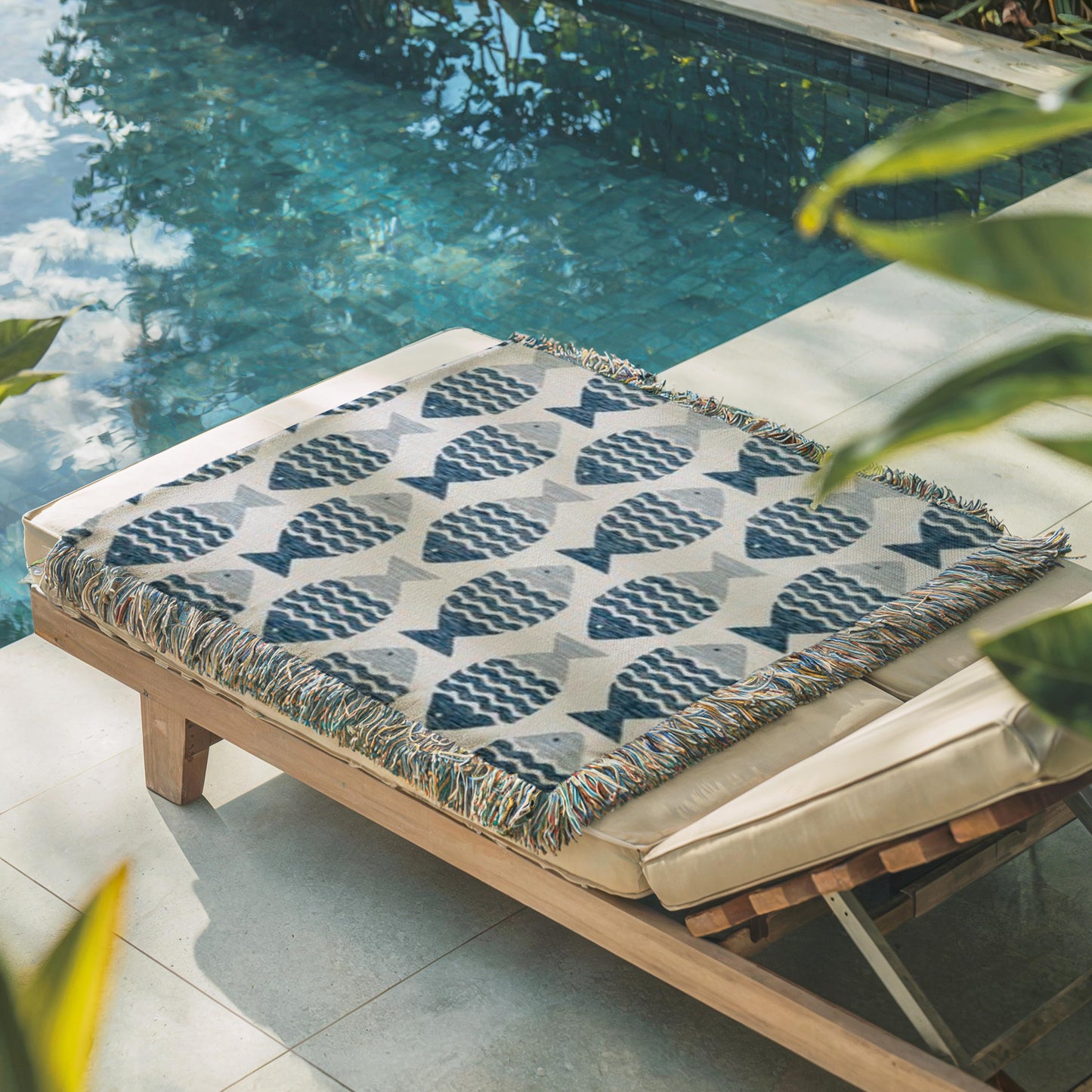 Coastal Boho Throw - Soft Cotton Throw Blanket With Nautical Fish Motif & Fringed Edges