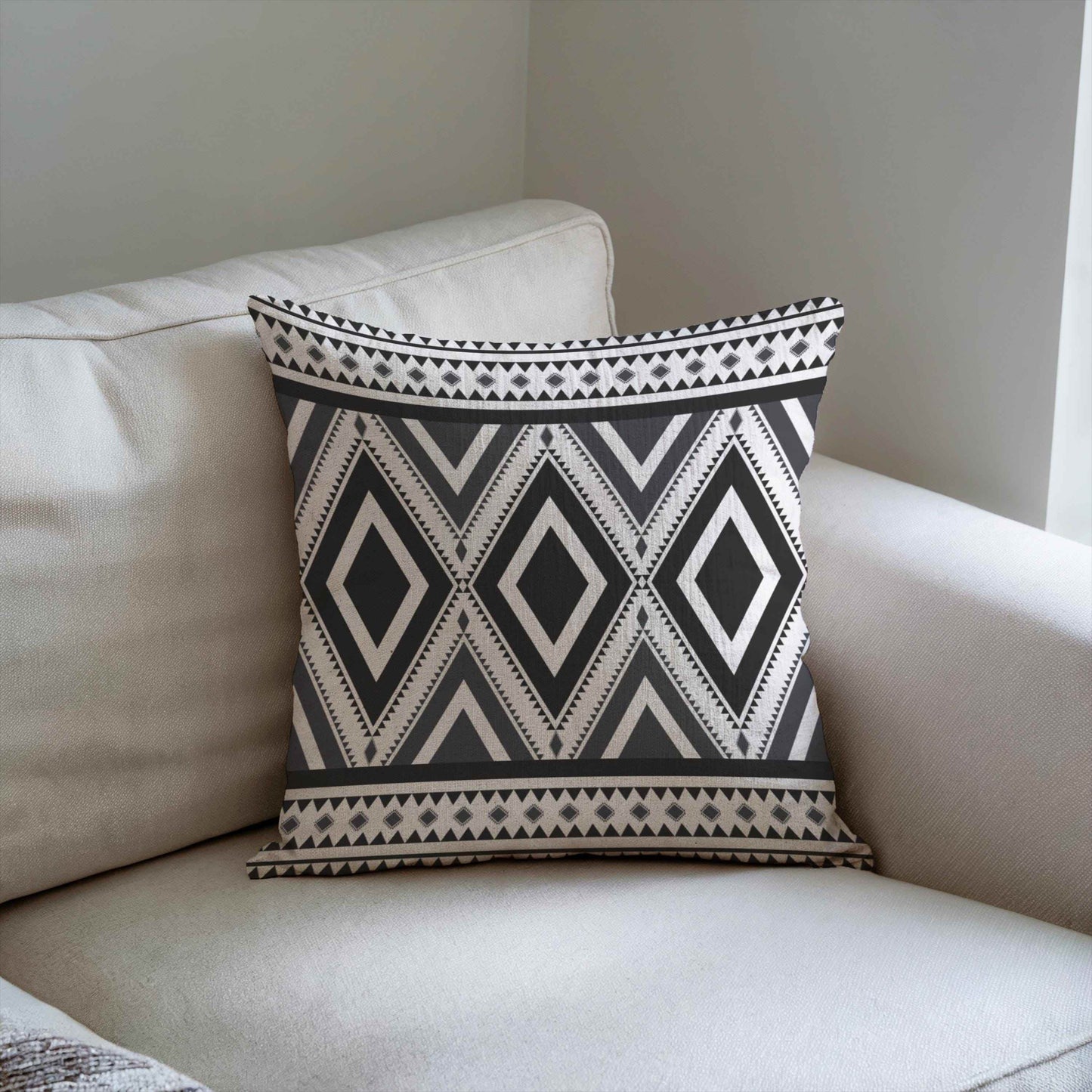 Rustic Ikat Pillow - Woven Cotton Throw Cushion With Geometric Design & Fringed Edge - timelessbohochic.com