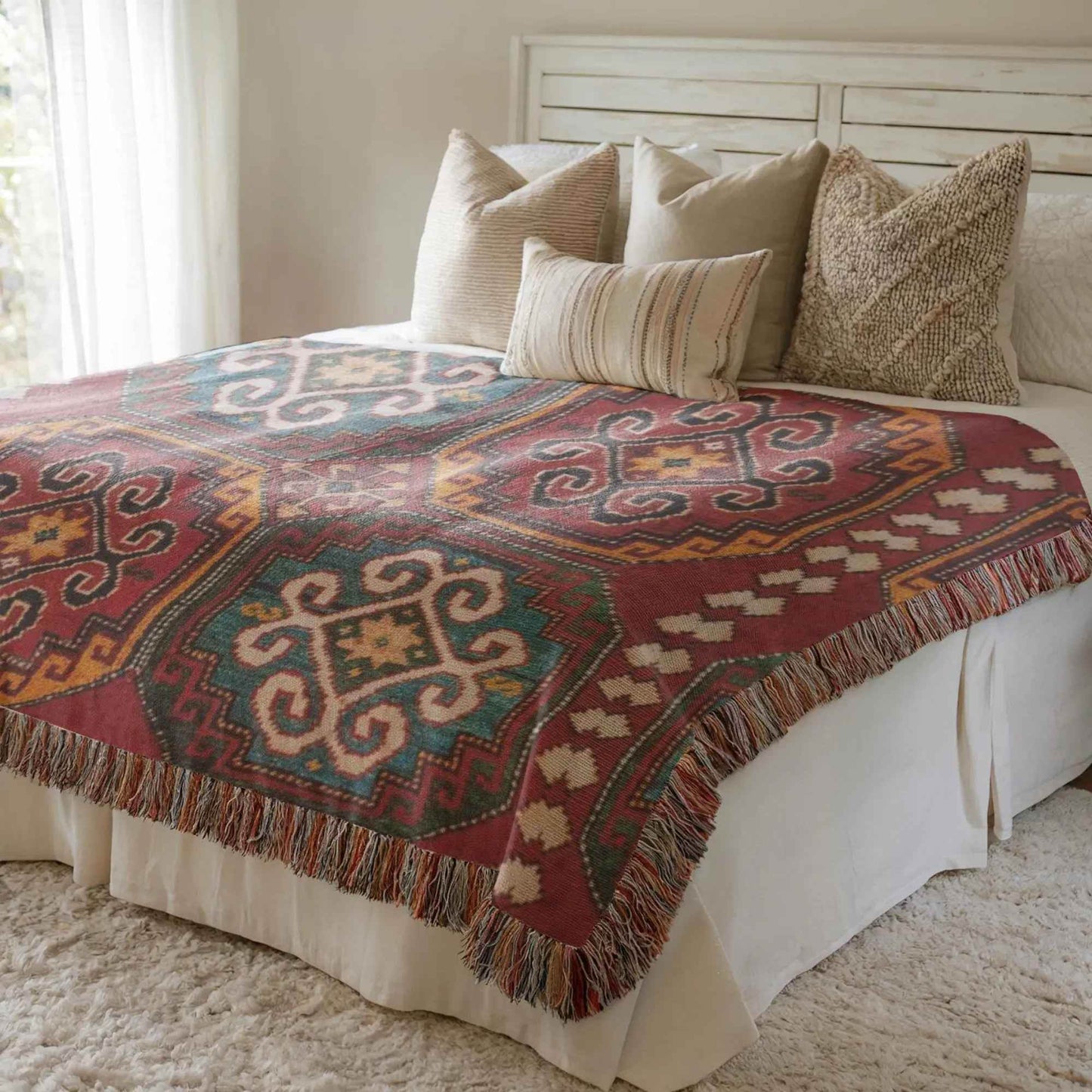 Woven Turkish Throw Blanket with Anatolian Pattern & Colorful Fringed Edges - timelessbohochic.com