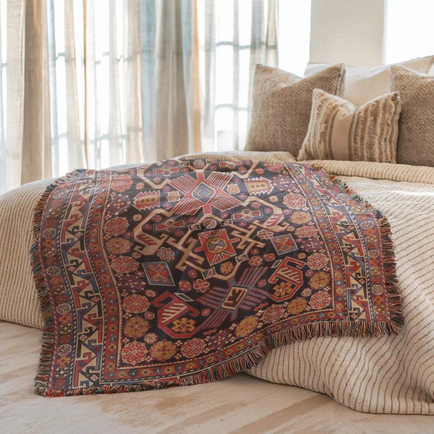Cotton Throw Blanket – Boho Turkish Rug Patterned Woven Textile with Fringed Edges