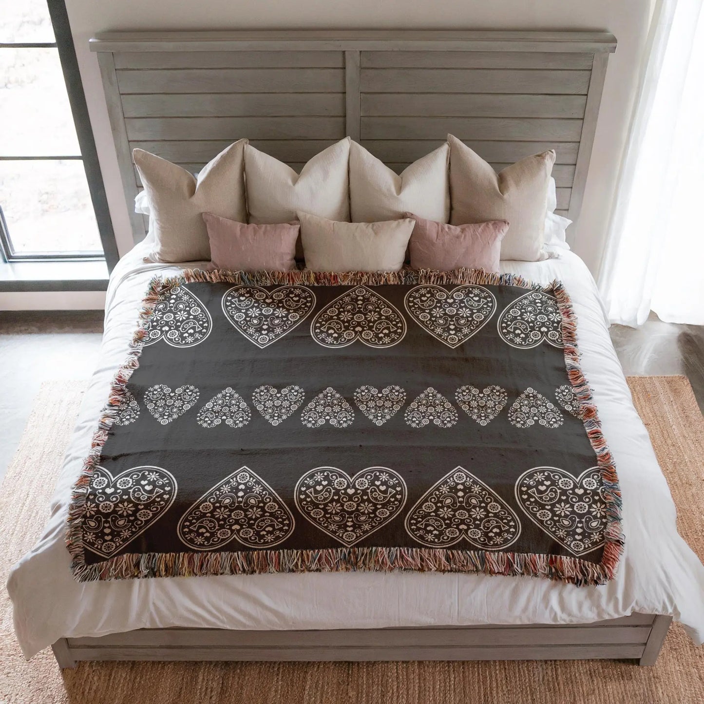 Cotton Woven Blanket – Scandinavian Throw With Scandi Hearts Pattern & Fringed Edges