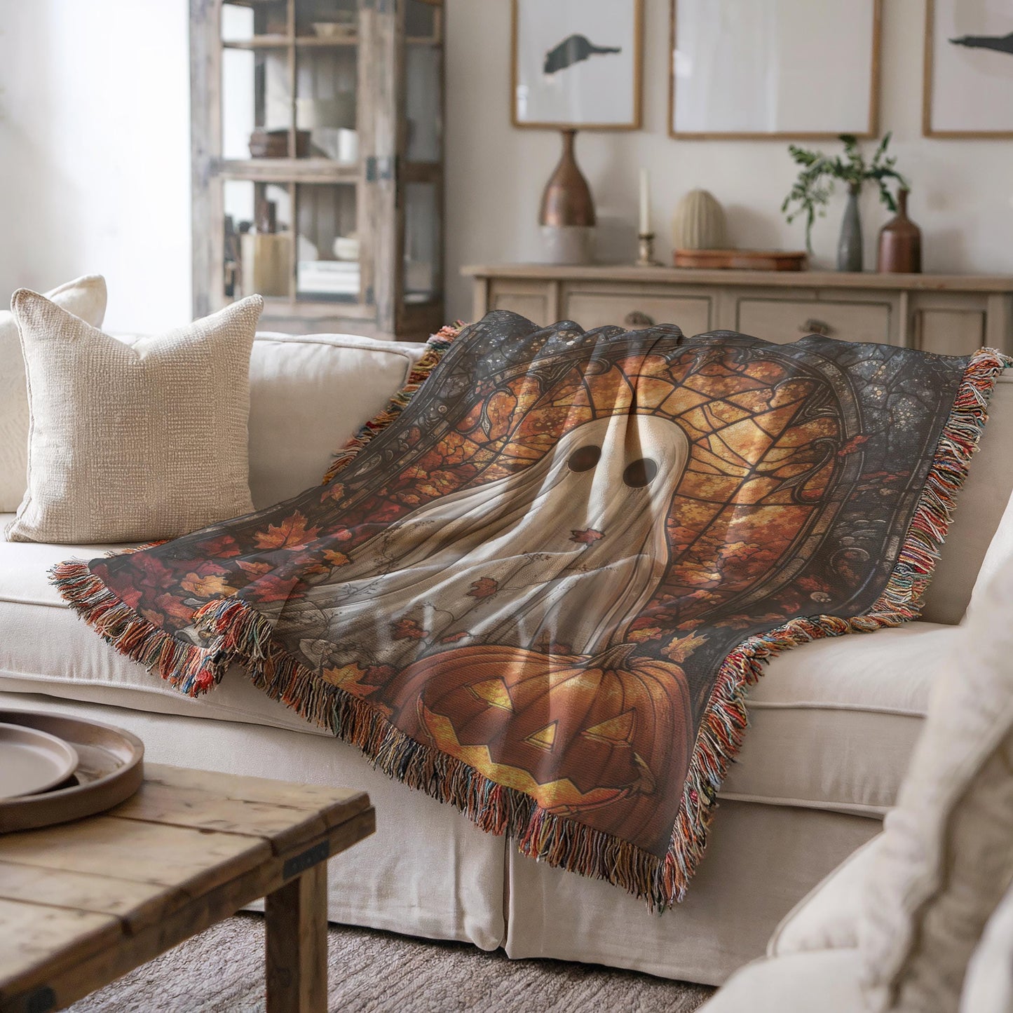 Halloween Living-Room Blanket – Ghost Pumpkin Throw With Stained Glass Design