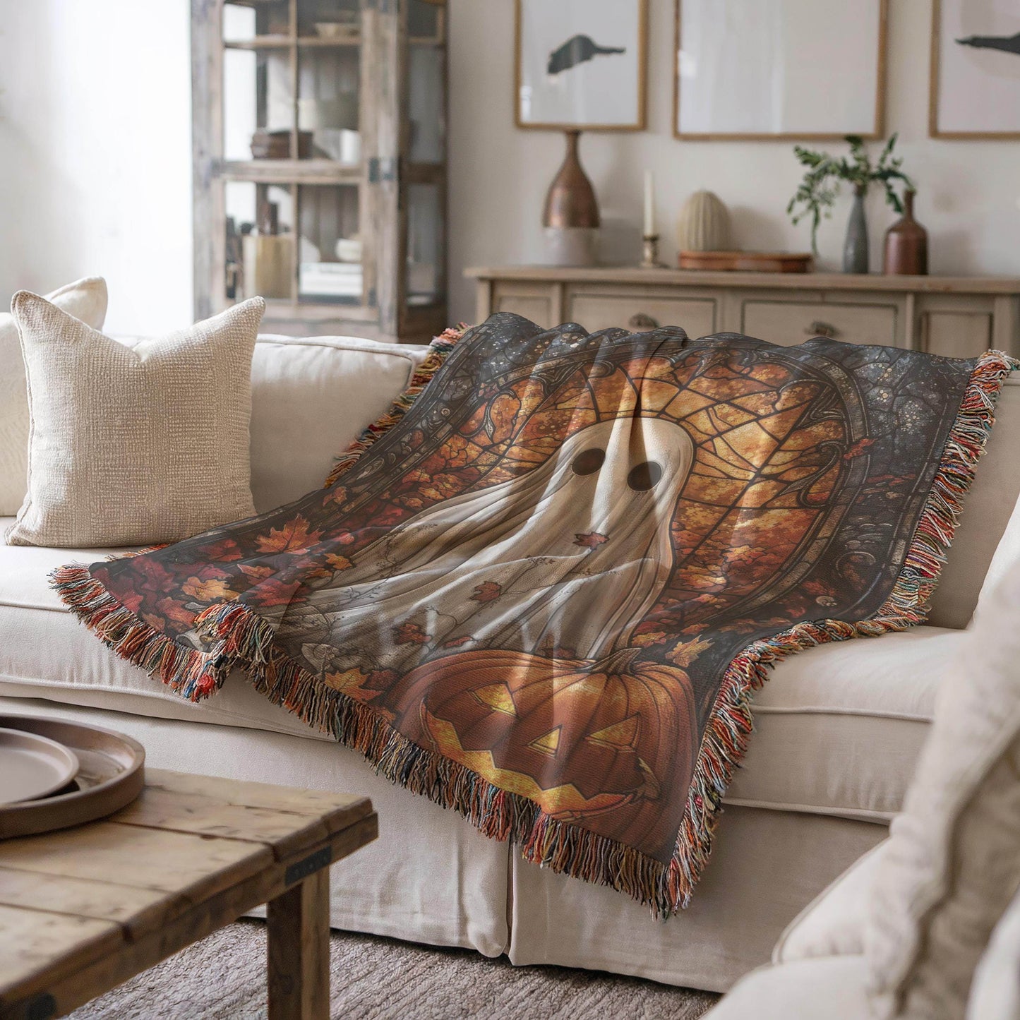 Halloween Living-Room Blanket – Ghost Pumpkin Throw With Stained Glass Design - timelessbohochic.com