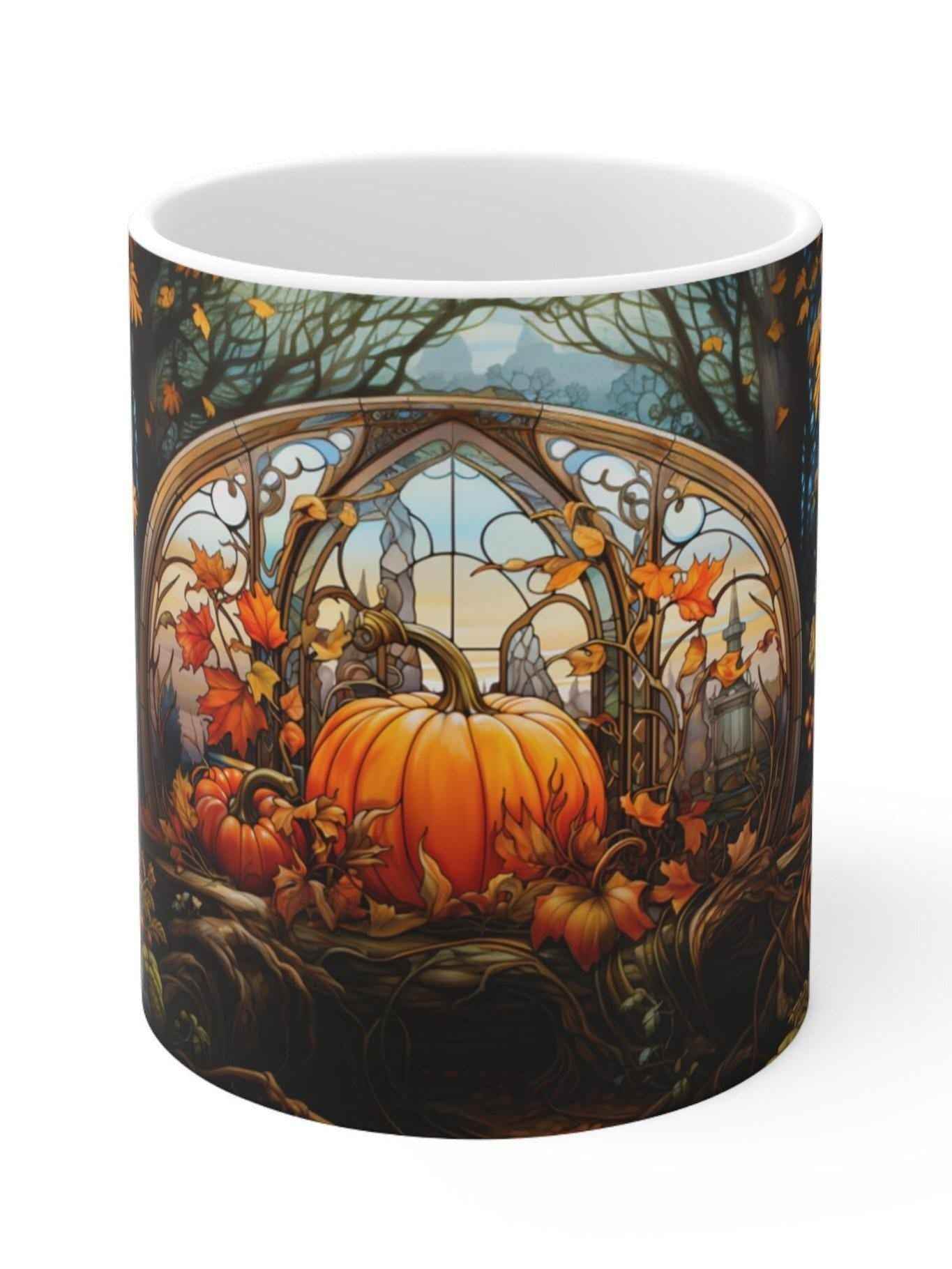 Pumpkin Coffee Mug - Handcrafted Stained Glass Fall Decor Ceramic Cup 11oz - timelessbohochic.com