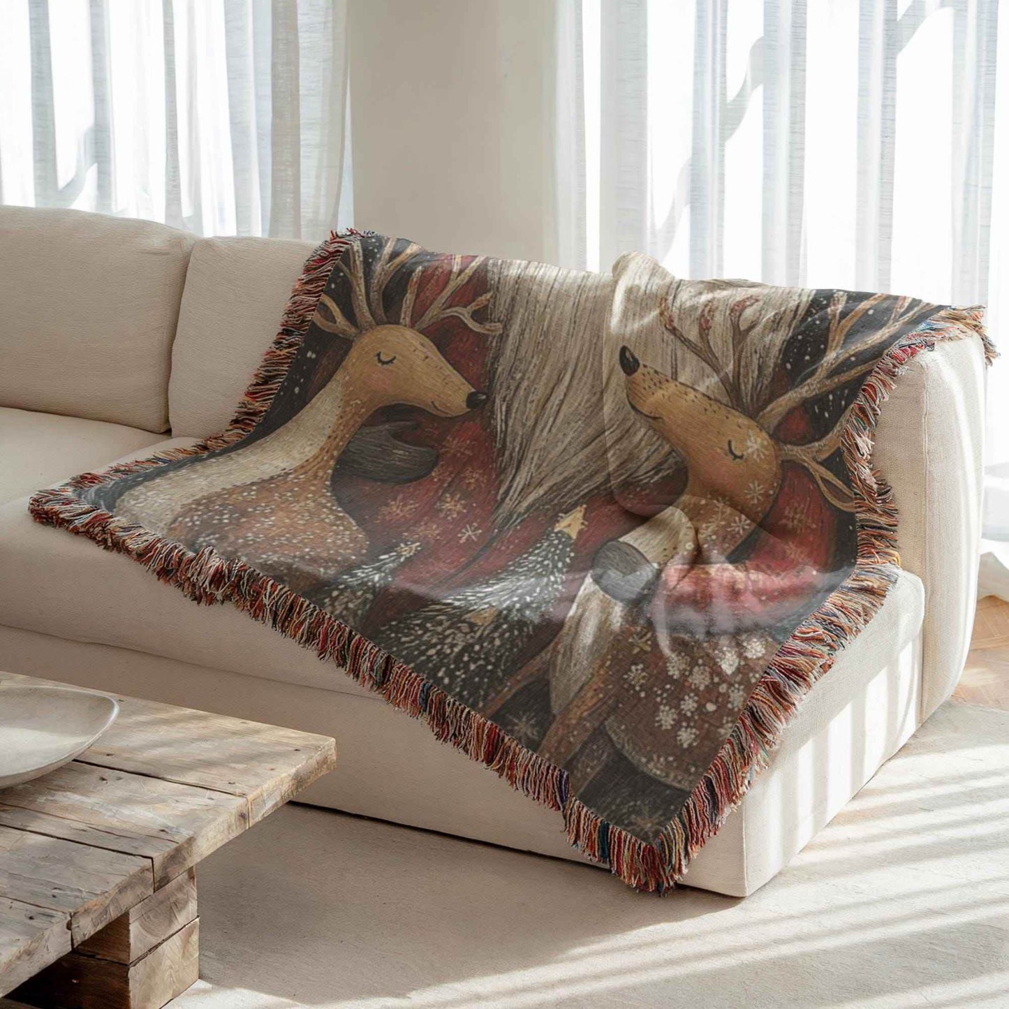 Christmas Woven Blanket – Cozy Cotton Throw with Santa Claus Reindeer Design - timelessbohochic.com
