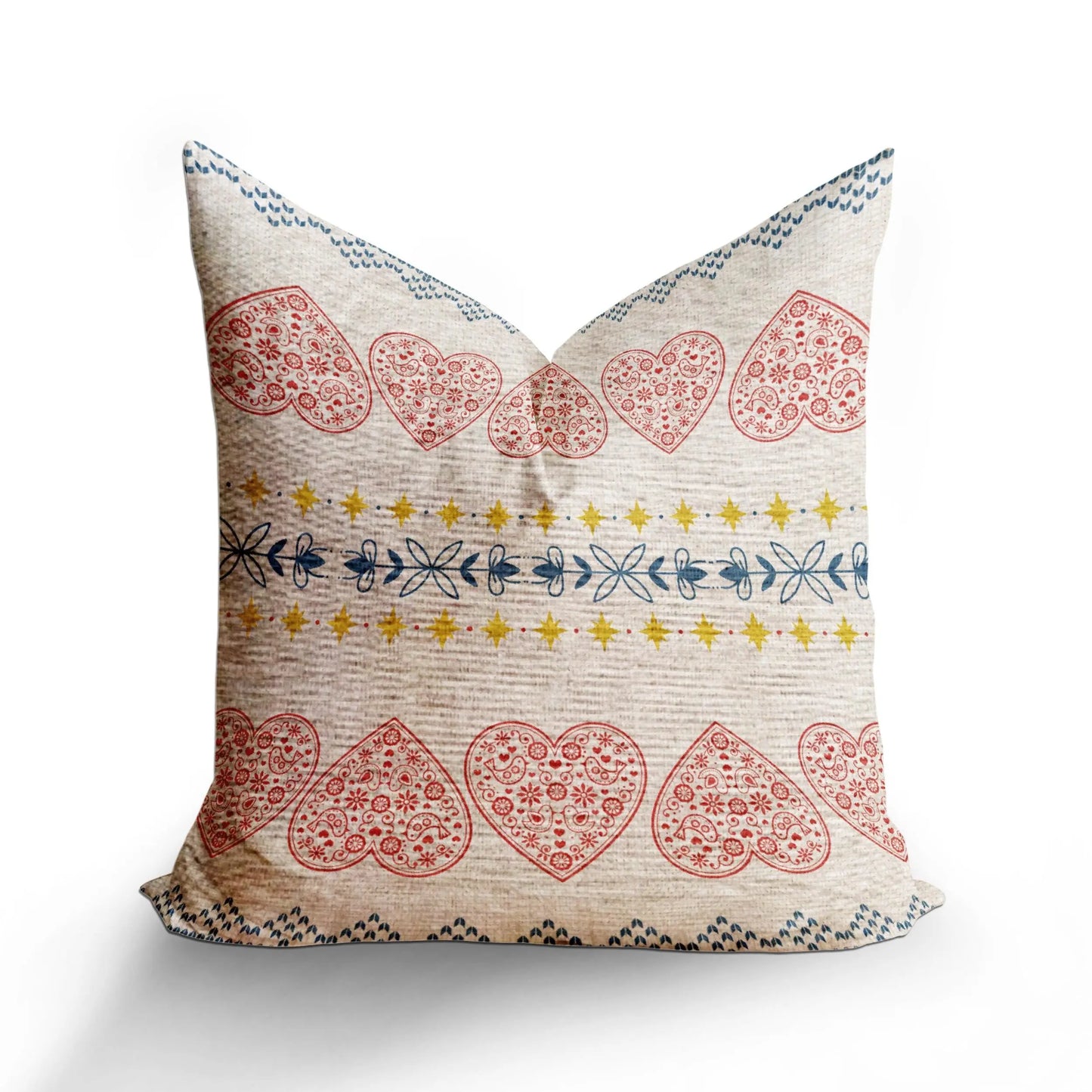 Scandi Woven Pillow – Nordic Decorative Cushion With Red Hearts & Yellow Stars