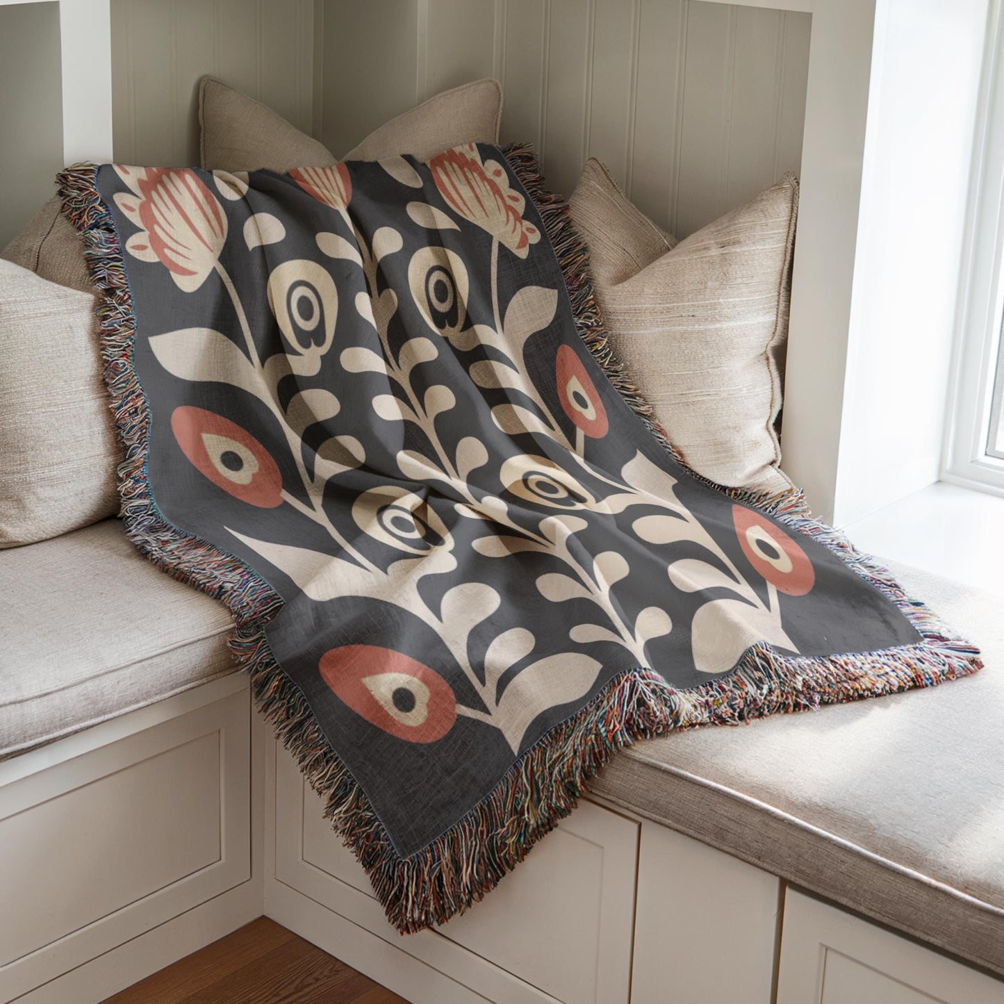Floral Bouquet Blanket - Matisse Inspired Cotton Woven Throw with Colorful Fringed Edges