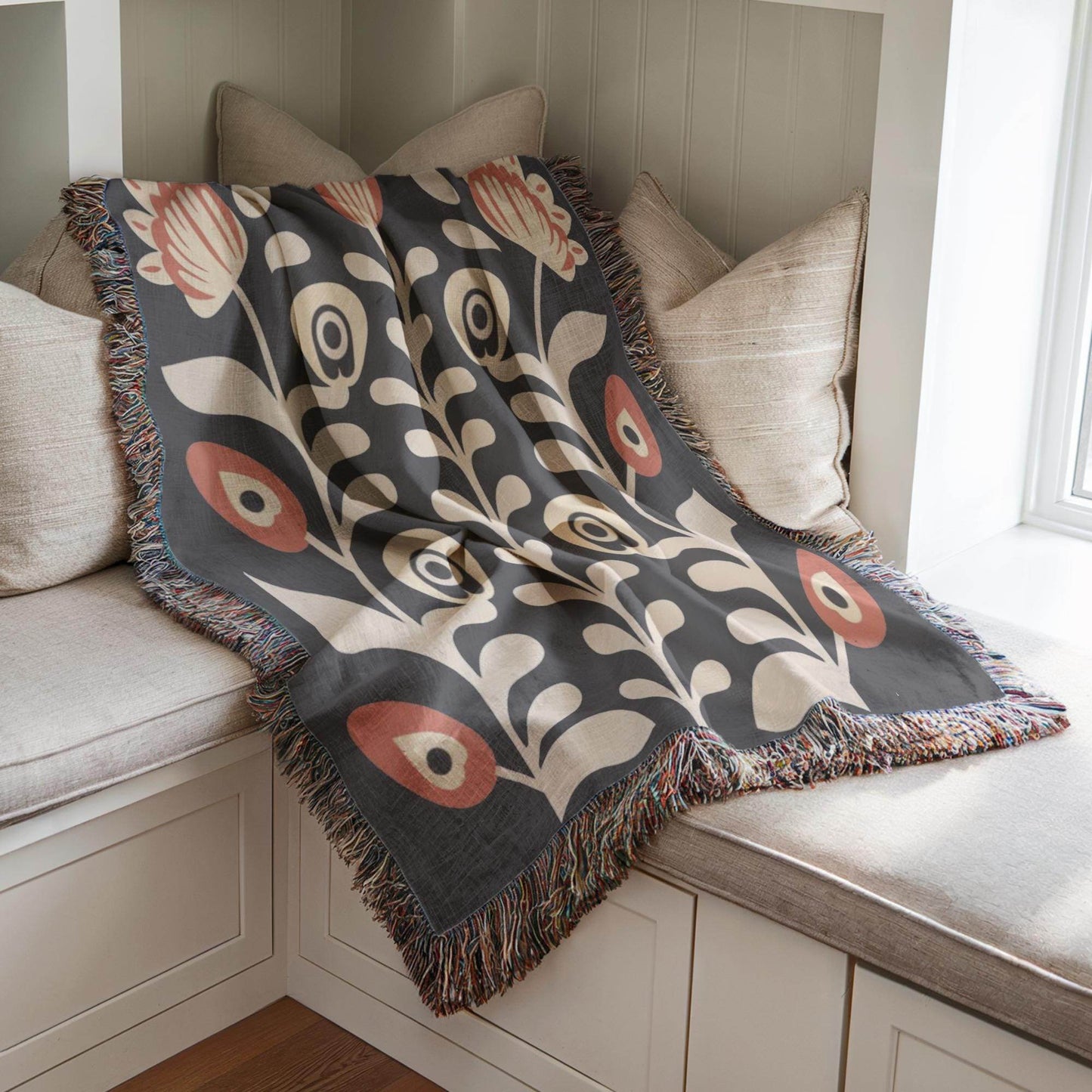 Floral Bouquet Blanket - Matisse Inspired Cotton Woven Throw with Colorful Fringed Edges - timelessbohochic.com