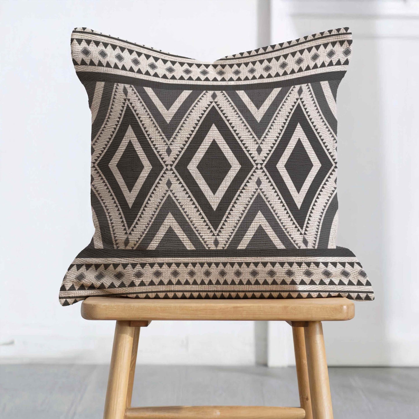 Rustic Ikat Pillow - Woven Cotton Throw Cushion With Geometric Design & Fringed Edge - timelessbohochic.com
