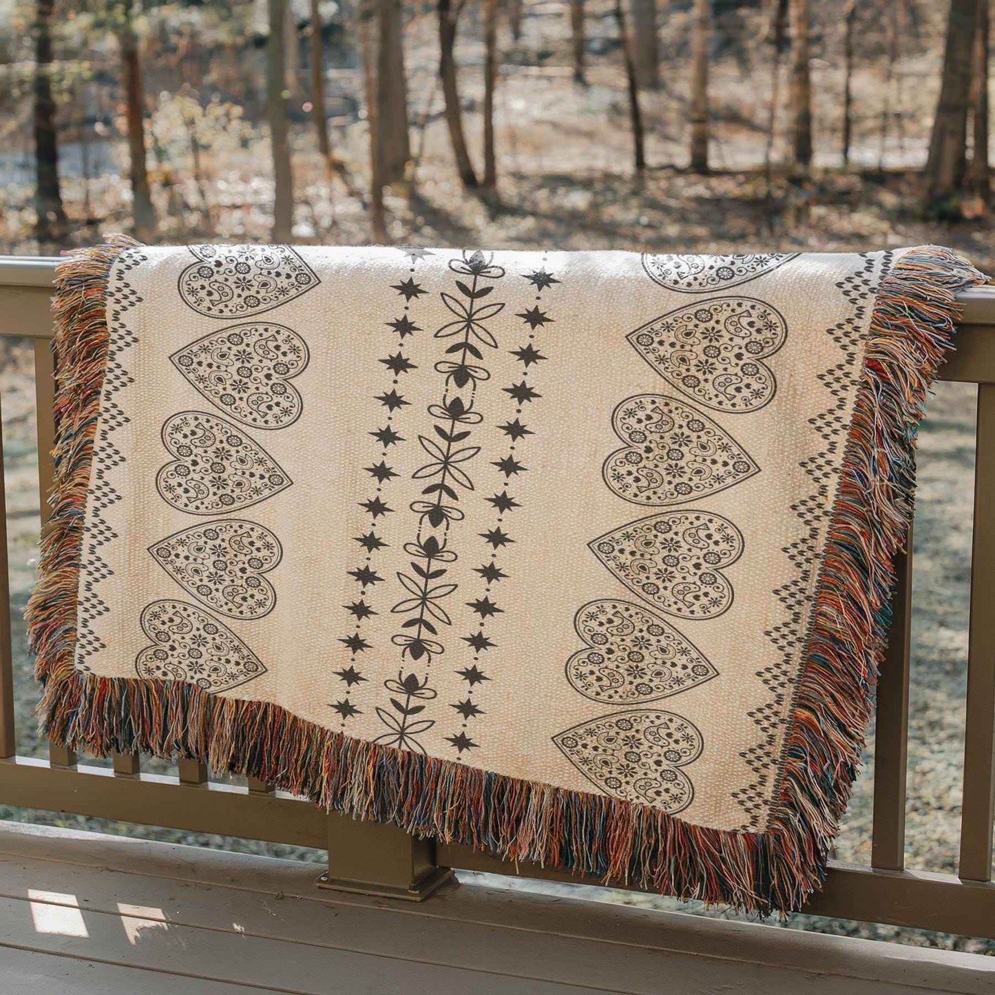 Nordic Cotton Throw Blanket - Woven Cotton Scandinavian Throw with Black Heart Design - timelessbohochic.com