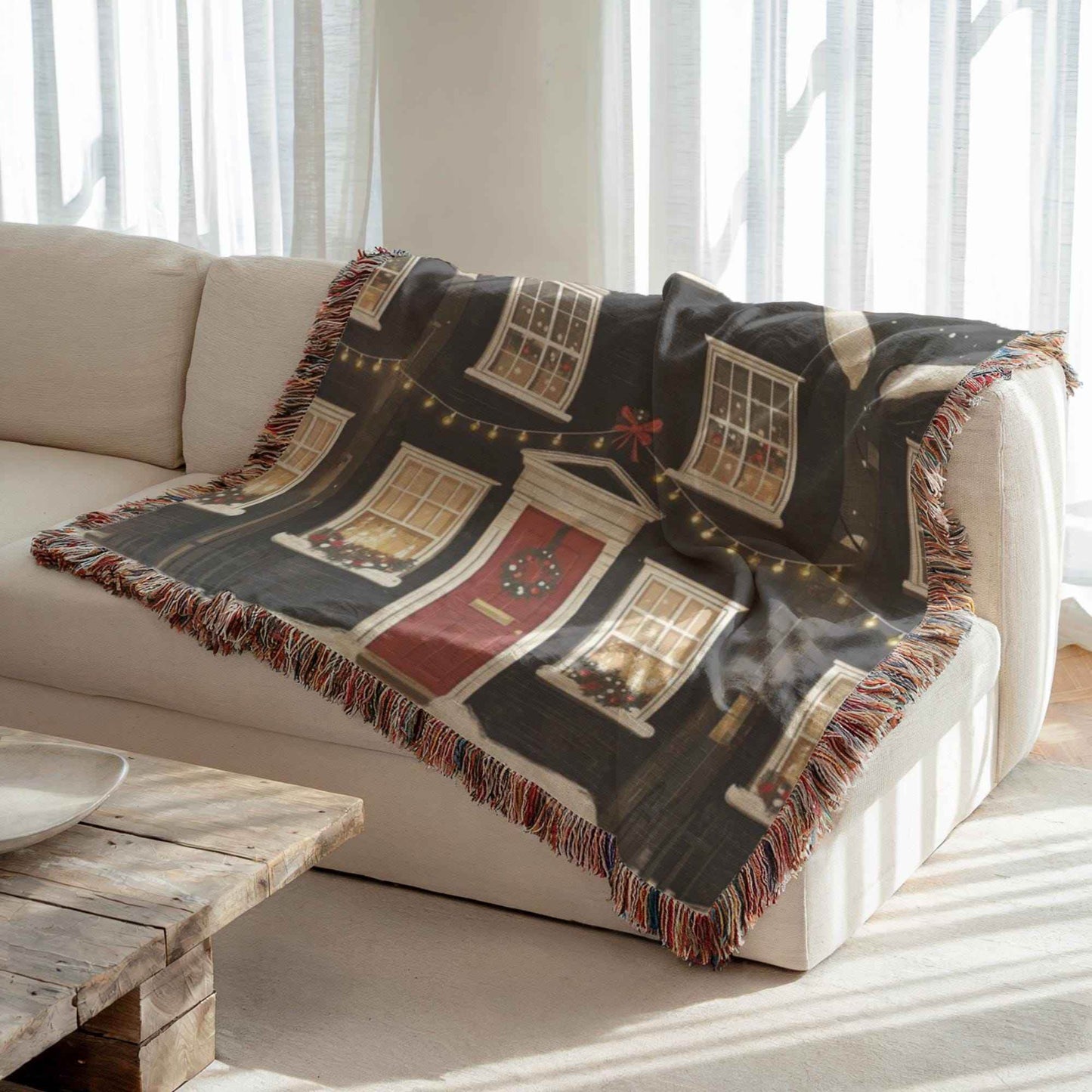 Christmas Throw Blanket – Cozy Woven Cotton Holiday Village Design Blanket - timelessbohochic.com