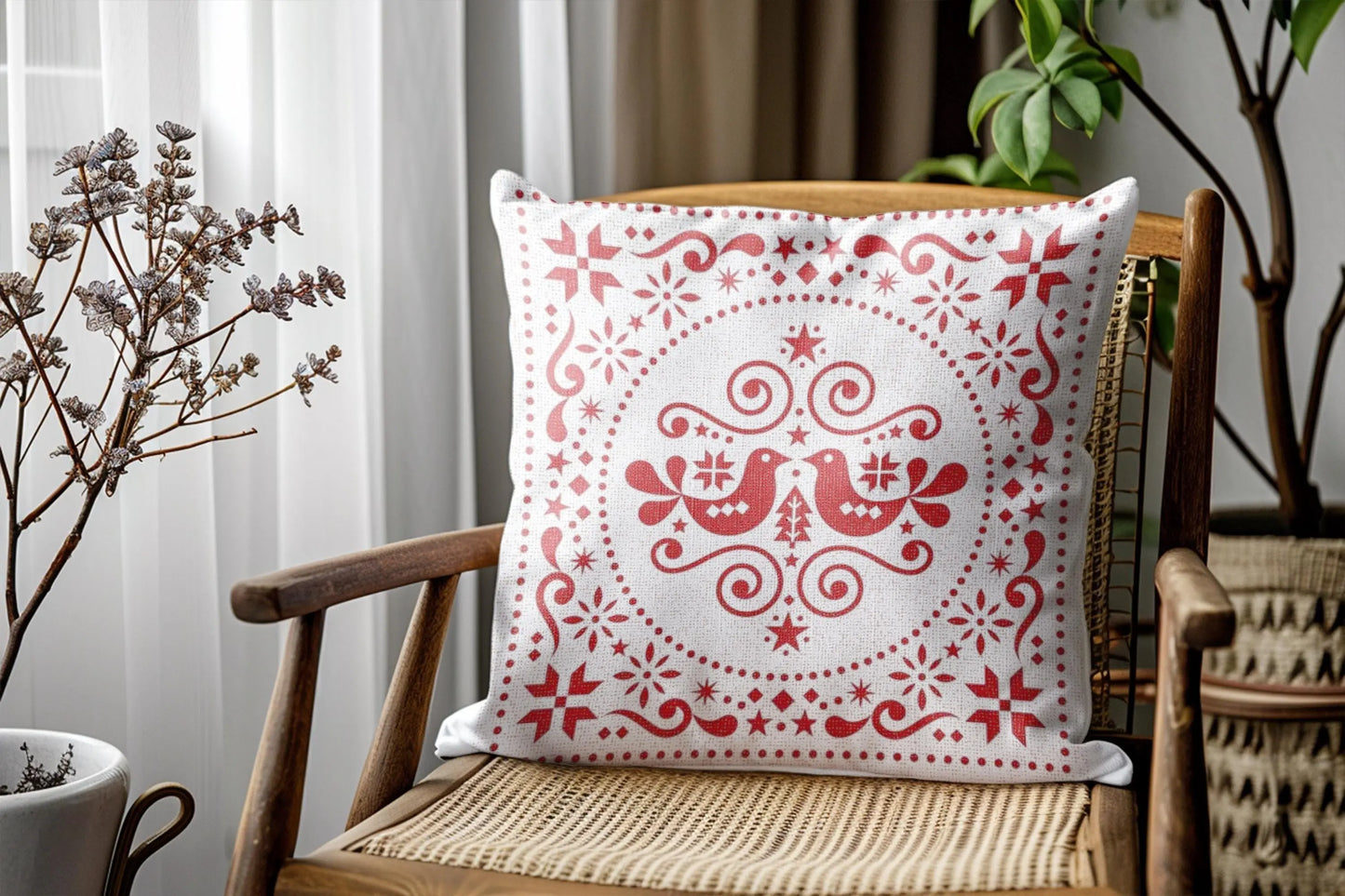 Nordic Woven Cushion - Scandinavian Throw Pillow With Rustic Red Bird Design