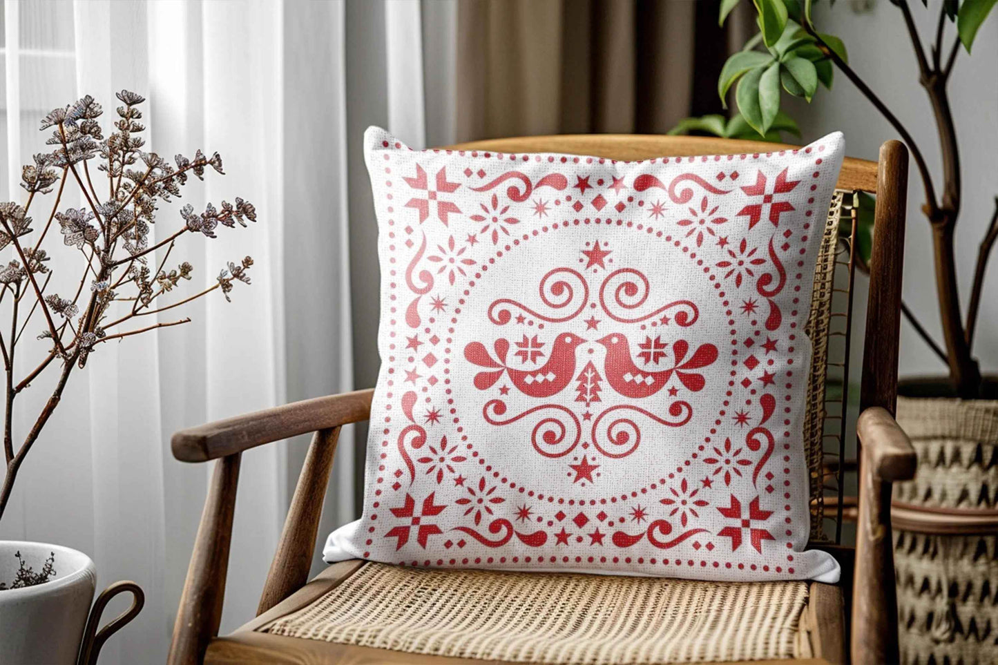 Nordic Woven Cushion - Scandinavian Throw Pillow With Rustic Red Bird Design - timelessbohochic.com
