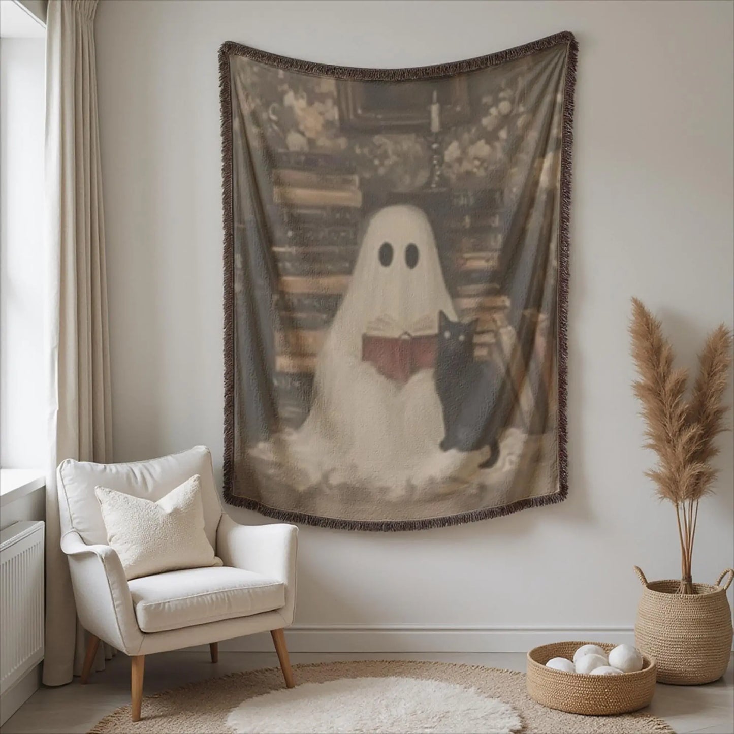 Ghost Cat Blanket – Cozy Throw With Cute Ghost Design | Warm Cotton Woven Blanket