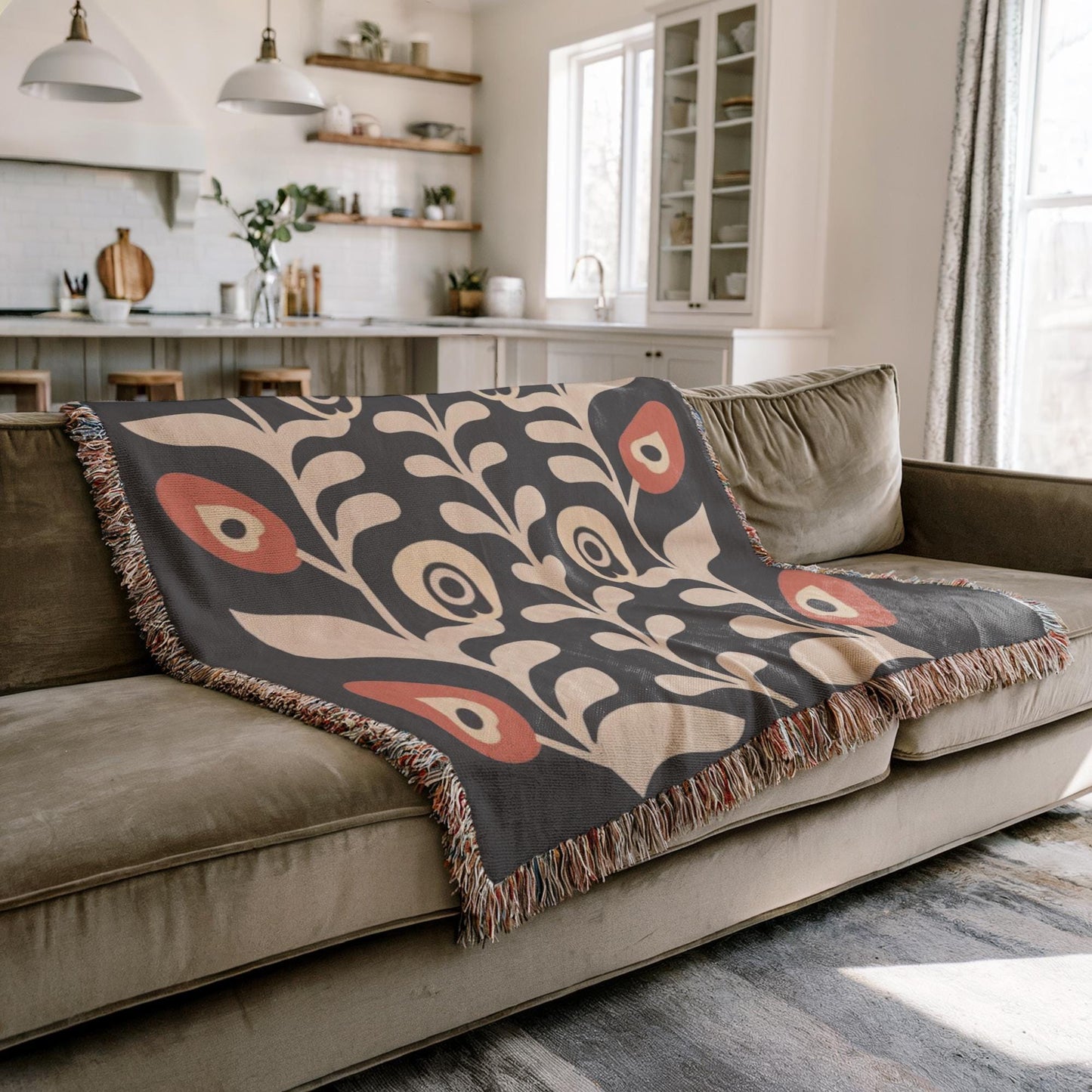 Floral Bouquet Blanket - Matisse Inspired Cotton Woven Throw with Colorful Fringed Edges