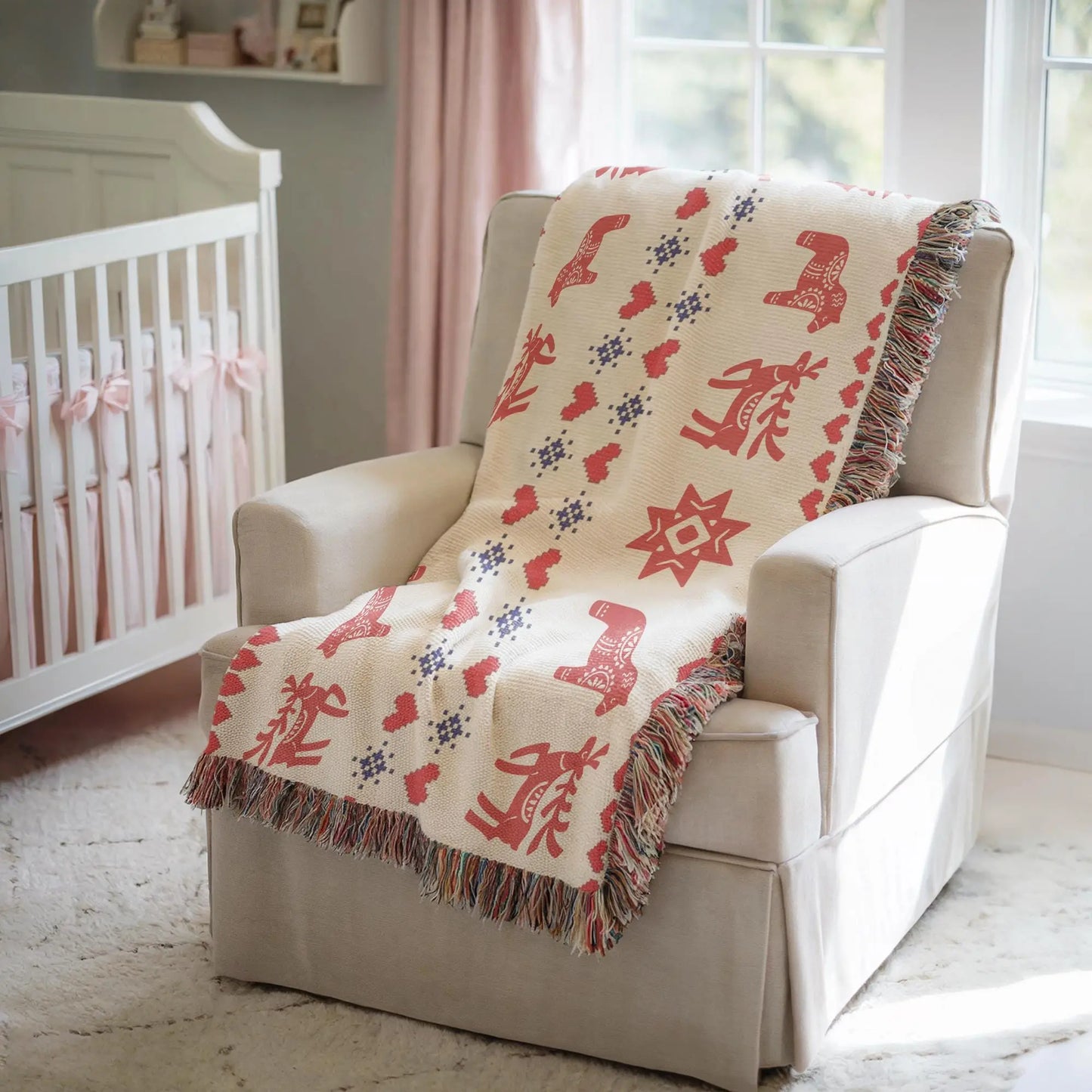 Scandi Woven Blanket – Nordic Cotton Throw With Dala Horse & Reindeer Decor