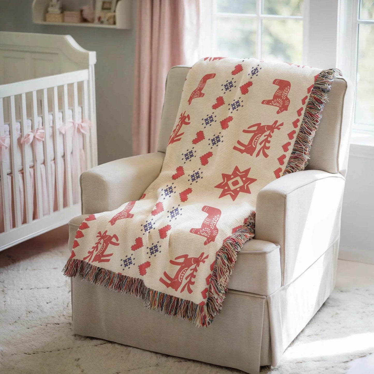 Scandi Woven Blanket – Nordic Cotton Throw With Dala Horse & Reindeer Decor - timelessbohochic.com
