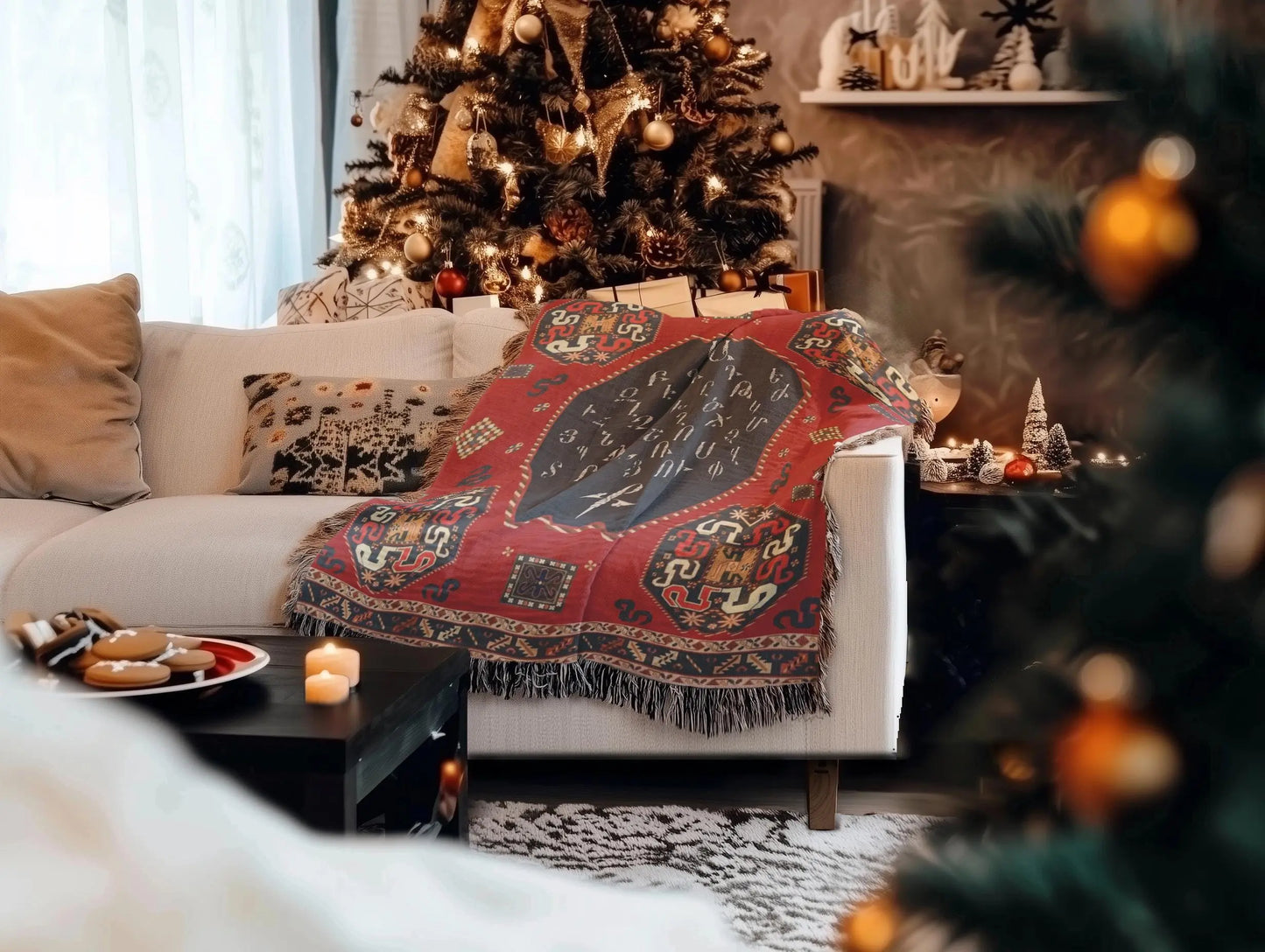 Armenian Alphabet Blanket - Woven Throw Blanket with Fringed Edges, Soft Cotton
