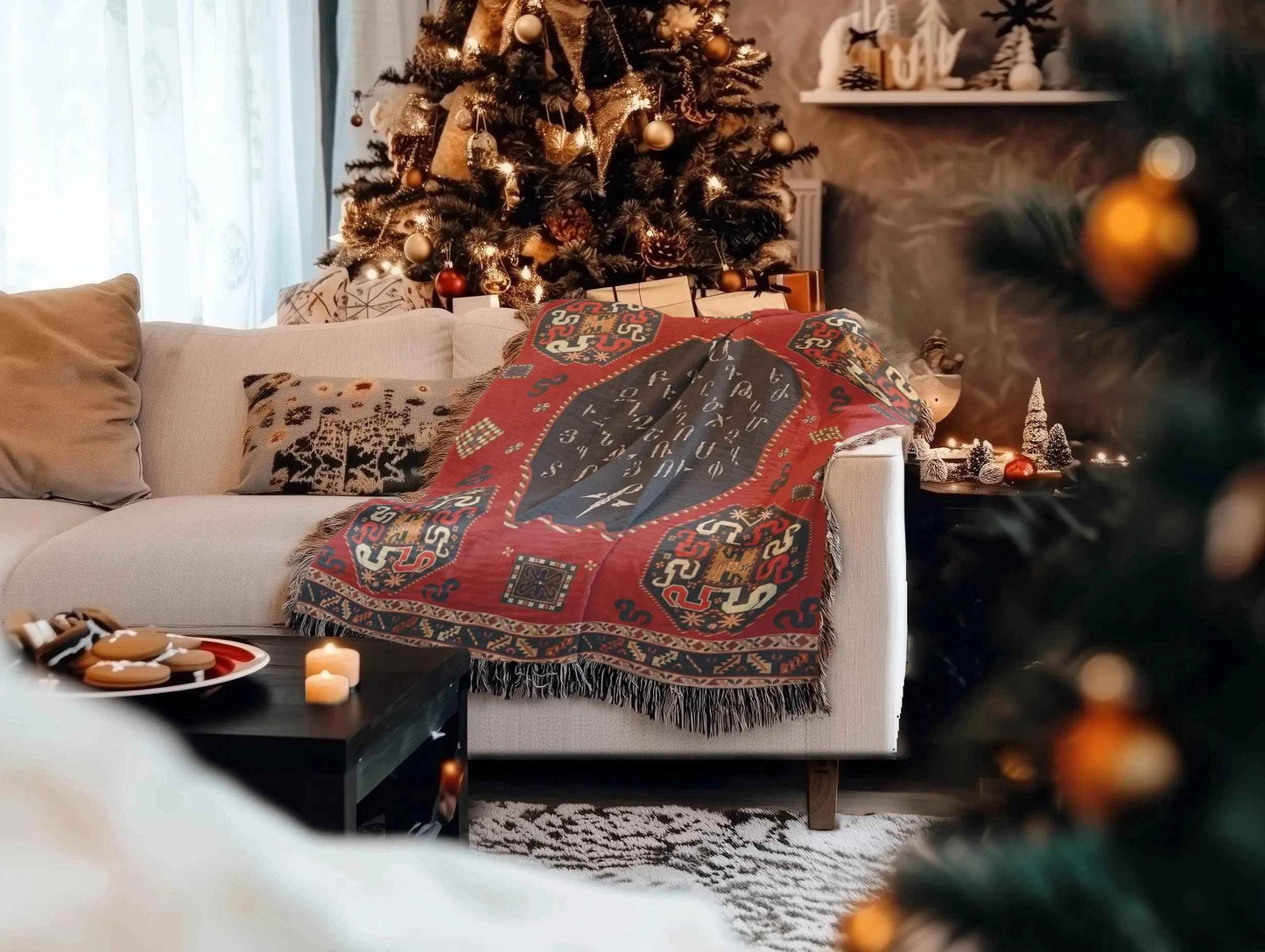 Armenian Alphabet Blanket - Woven Throw Blanket with Fringed Edges, Soft Cotton - timelessbohochic.com