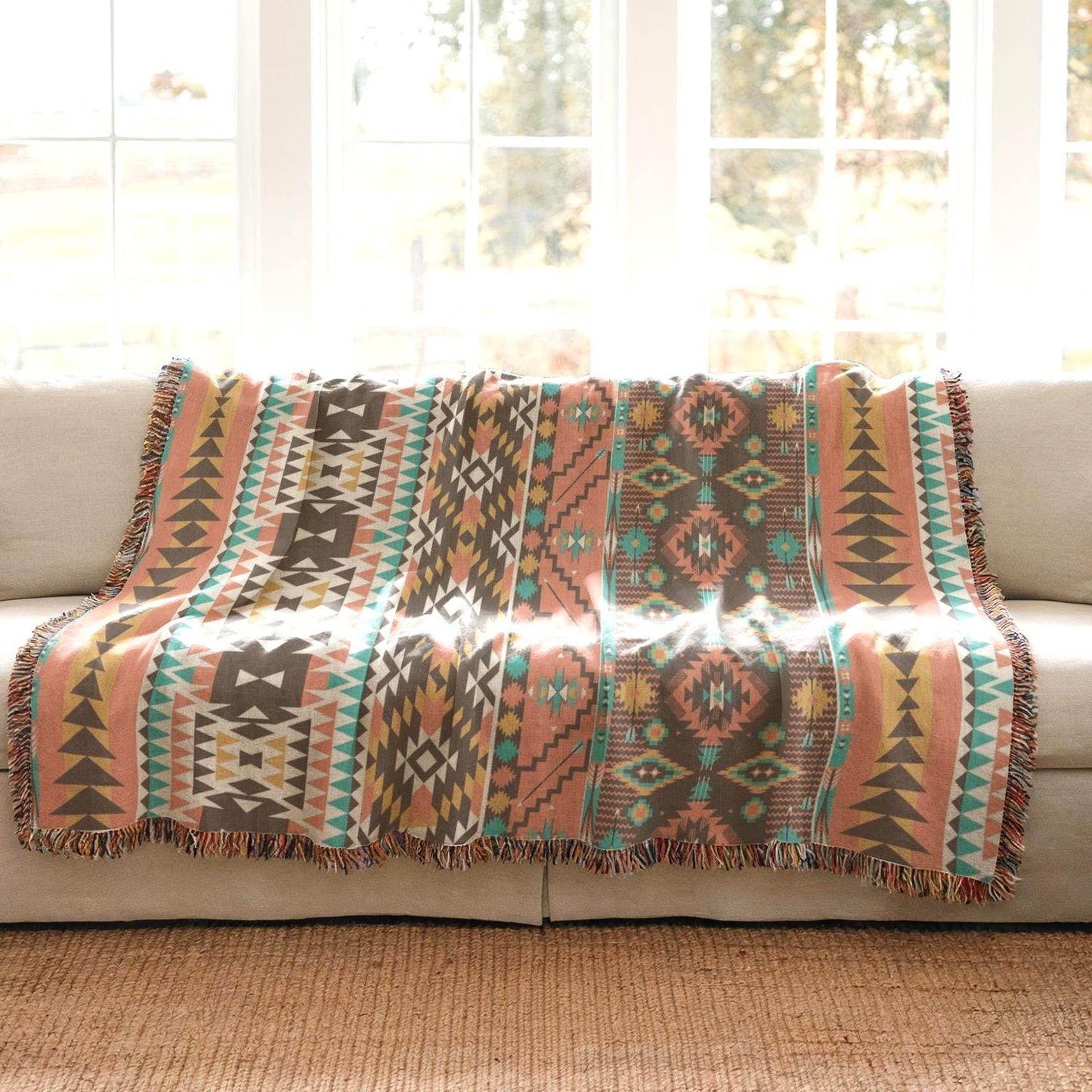Southwestern Woven Blanket - Navajo Style Throw | Rustic Cotton Textile Sofa Cover - timelessbohochic.com