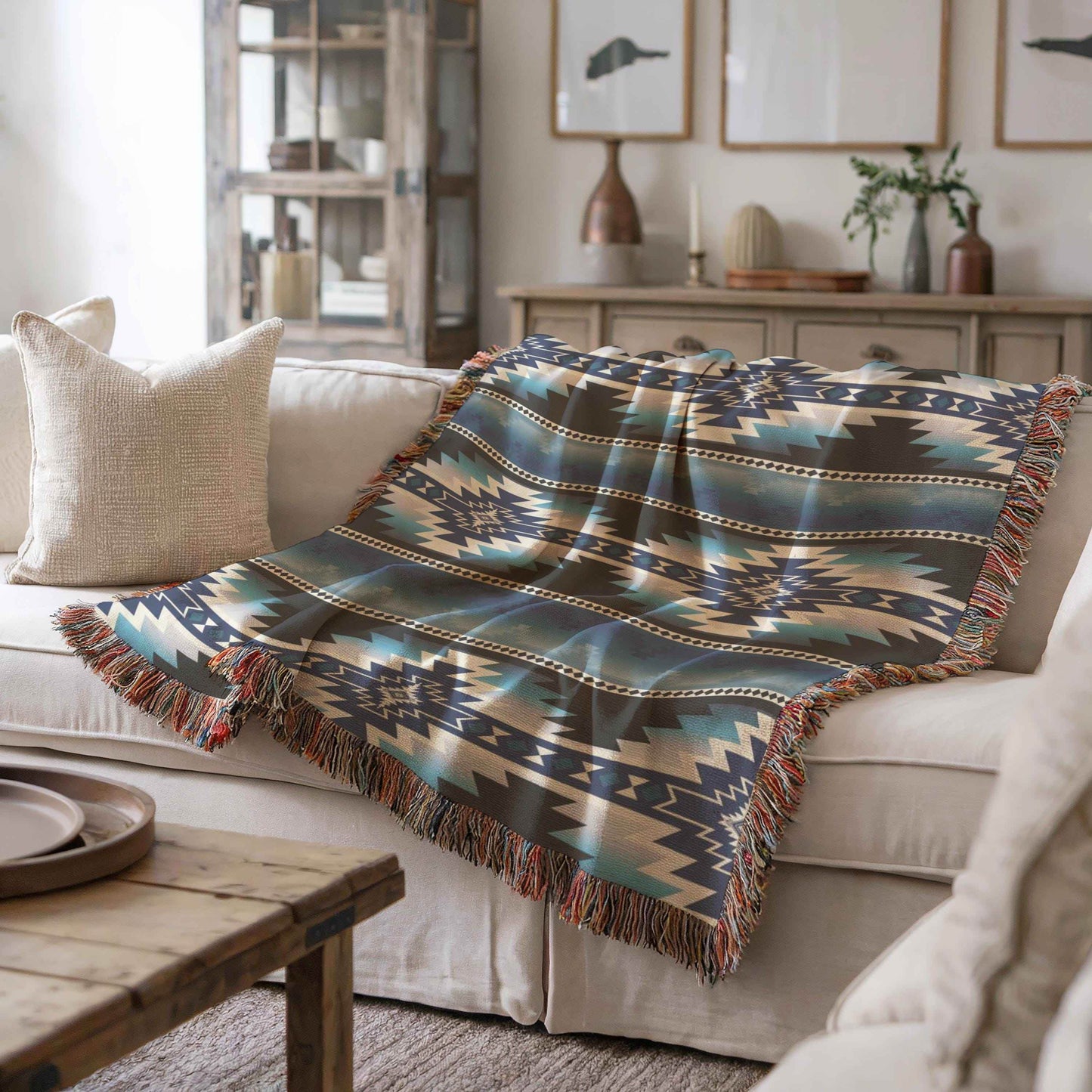 Native American Tribal Blanket - Cozy Cotton Woven Throw with Fringed Edges - timelessbohochic.com