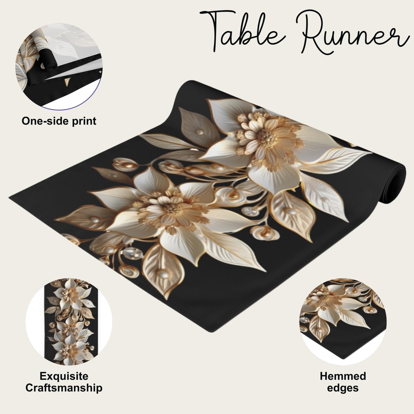 Poinsettia Table Runner - Elegant White Gold Christmas Table Decor & Dining Accent