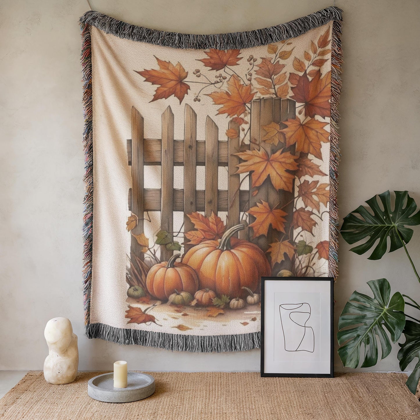 Woven Tapestry, Fall Leaves and Pumpkins Textile Art, Harvest Season Decoration, Fall Home Decor, Autumn Cozy Wall Hanging Thanksgiving Gift