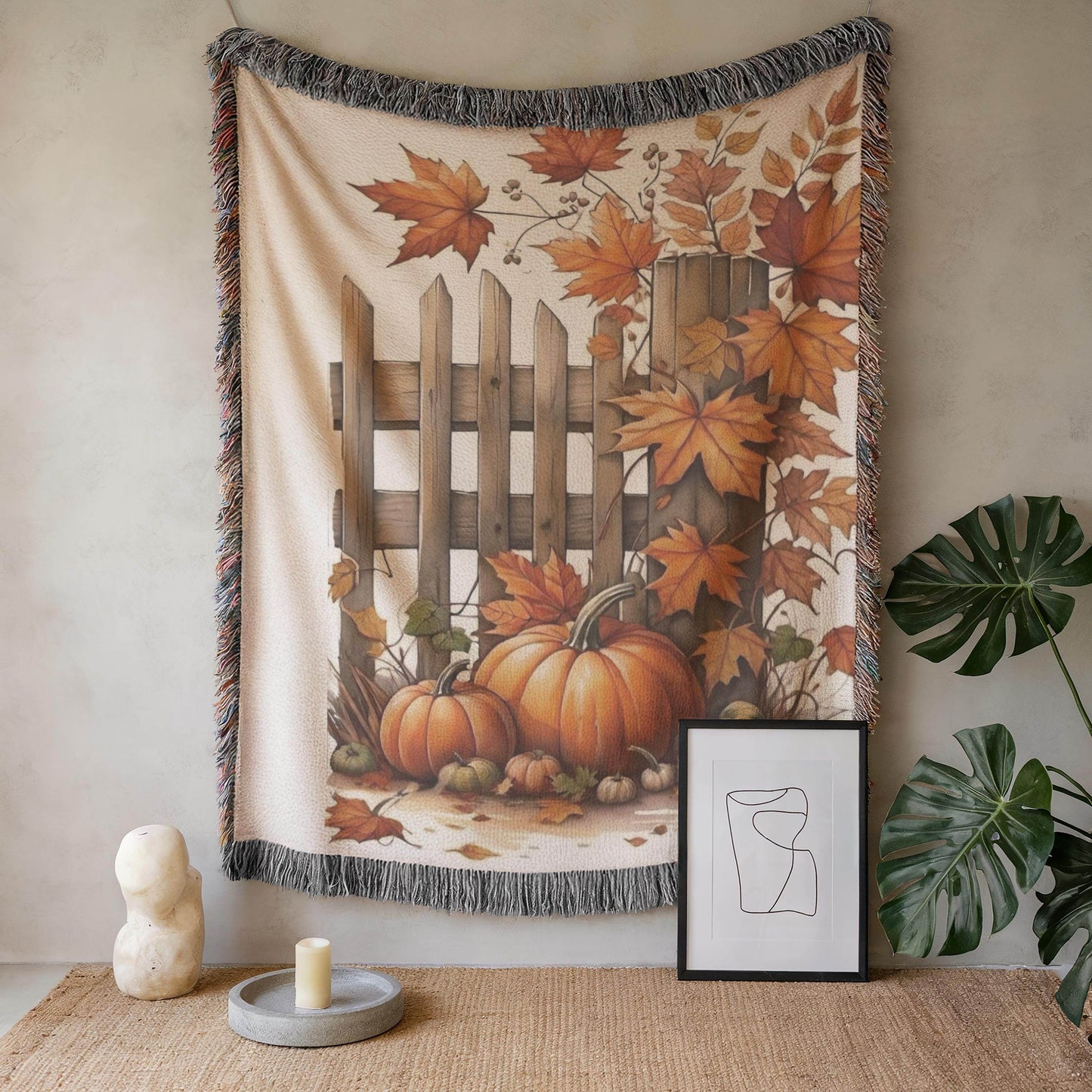 Woven Fall Leaves Tapestry - Pumpkin Textile Art for Autumn Cozy Home Decor and Thanksgiving Gift - timelessbohochic.com