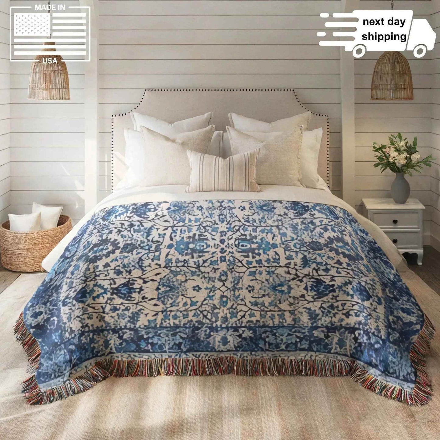 Cotton Throw Blanket - Woven Persian Pattern Rug with Fringed Edge, Soft Cozy - timelessbohochic.com