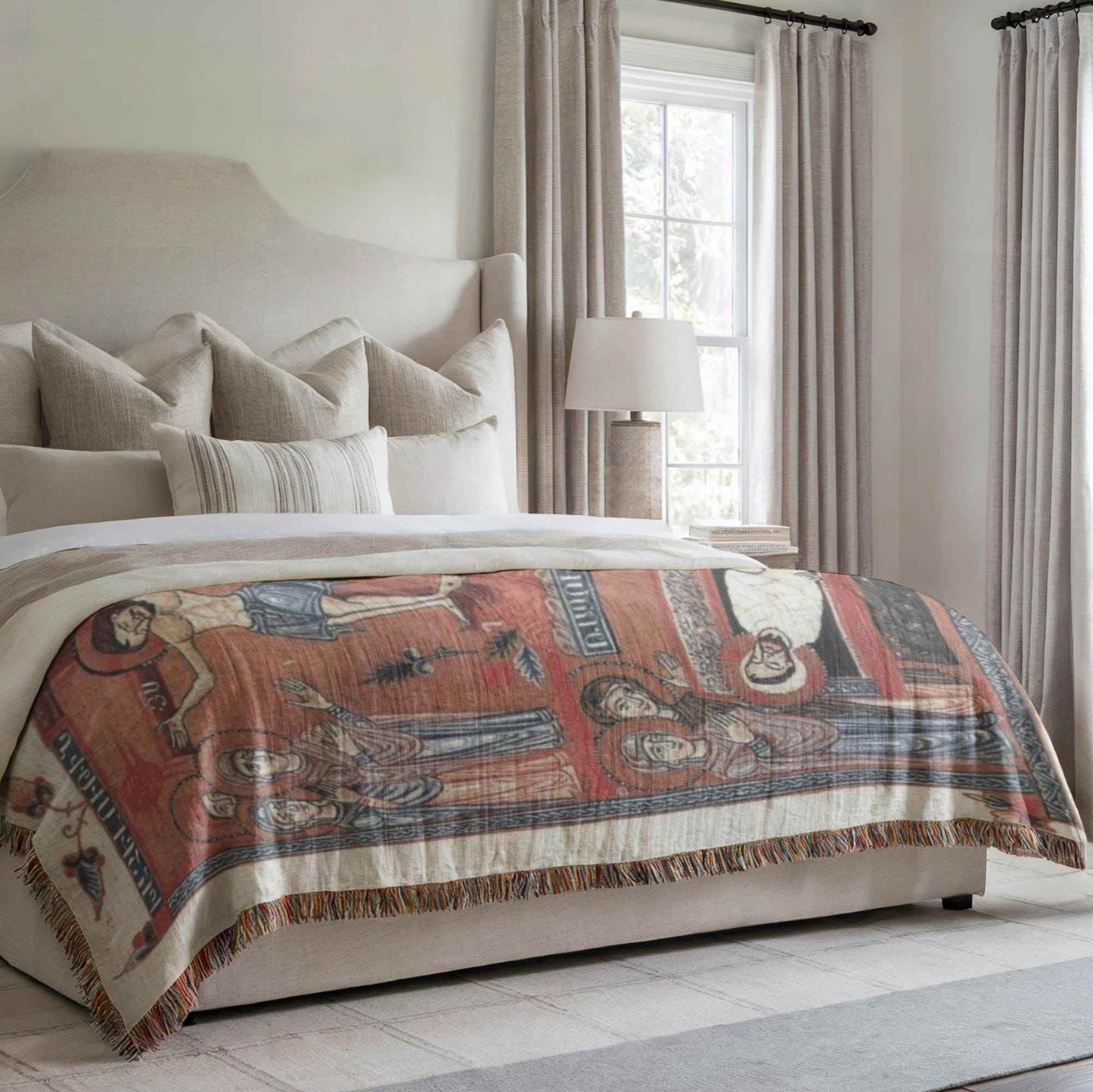 Armenian Tapestry Throw – Large Cotton Blanket With Crucifixion Scene Design - timelessbohochic.com