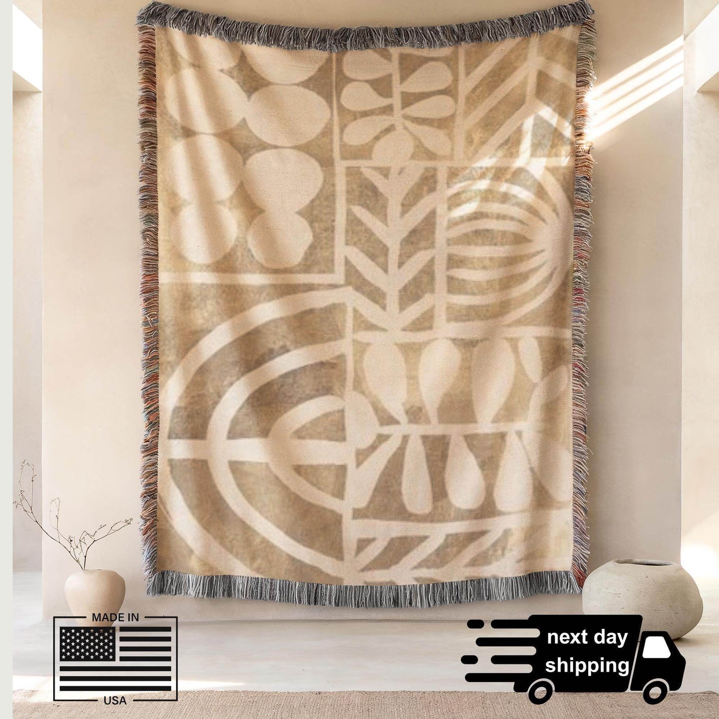 Boho Woven Blanket - Minimalist Throw with Modern Pattern and Fringed Edges for Stylish Home Decor - timelessbohochic.com