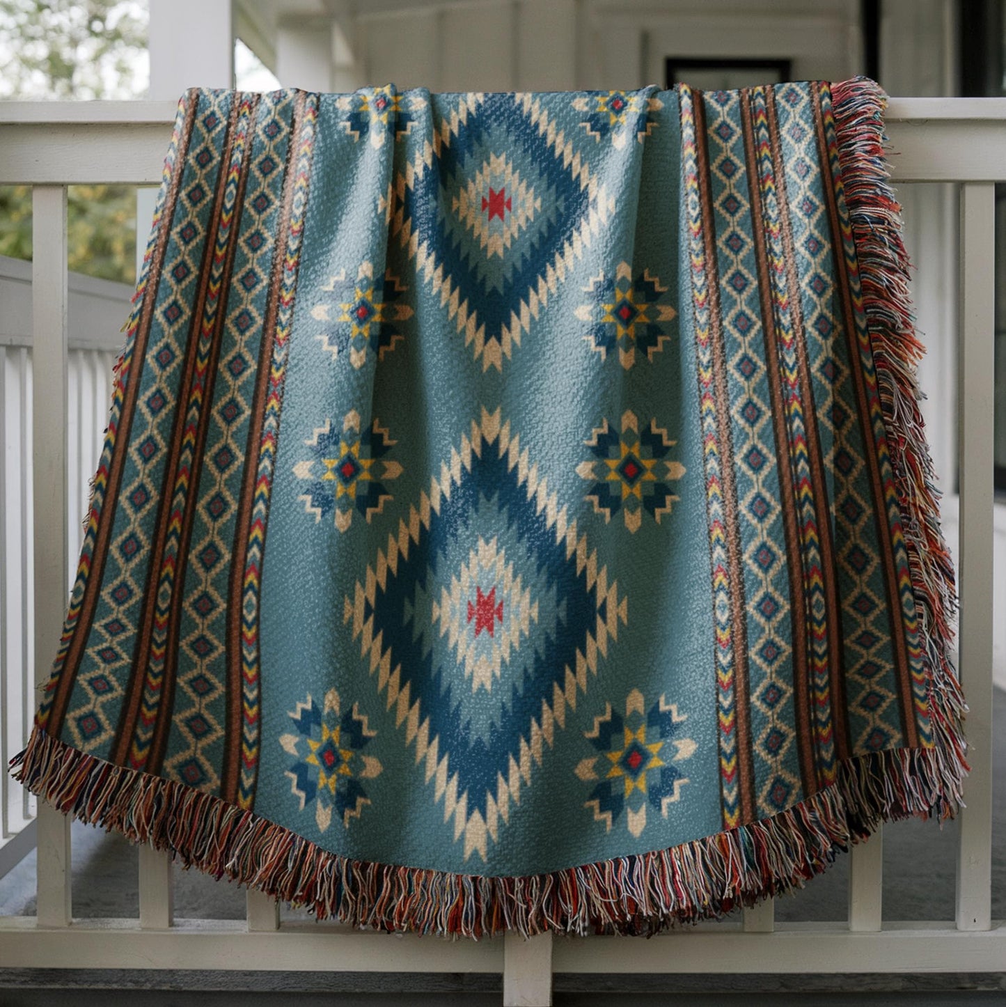 Navajo Woven Blanket - Southwestern Throw | Cotton Picnic Blanket with Colorful Fringed Edges