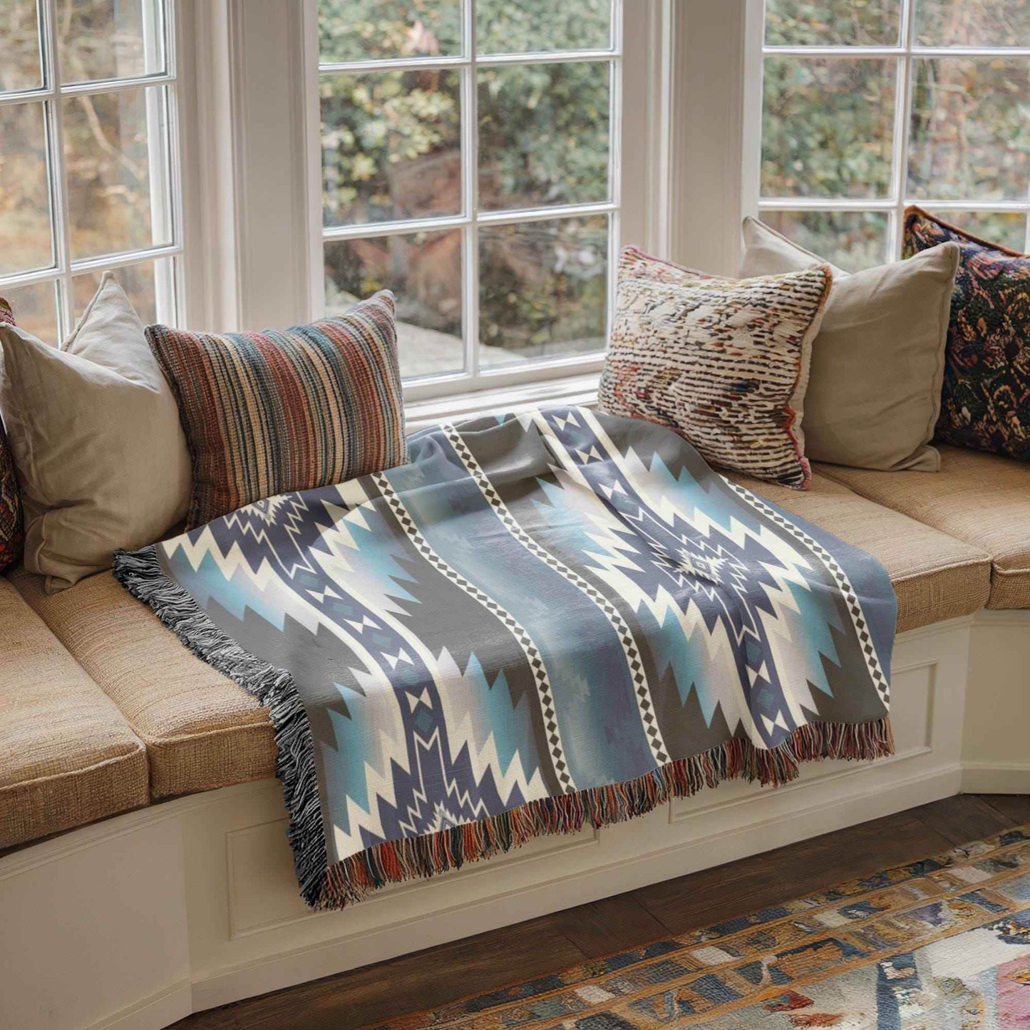 Native American Woven Blanket - Southwestern Throw With Geometric Cotton Design - timelessbohochic.com